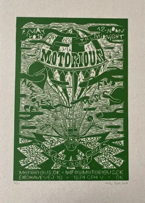 2016 Motorious lino-cut by Mike Tylak, A3 oversize, Green on Eco