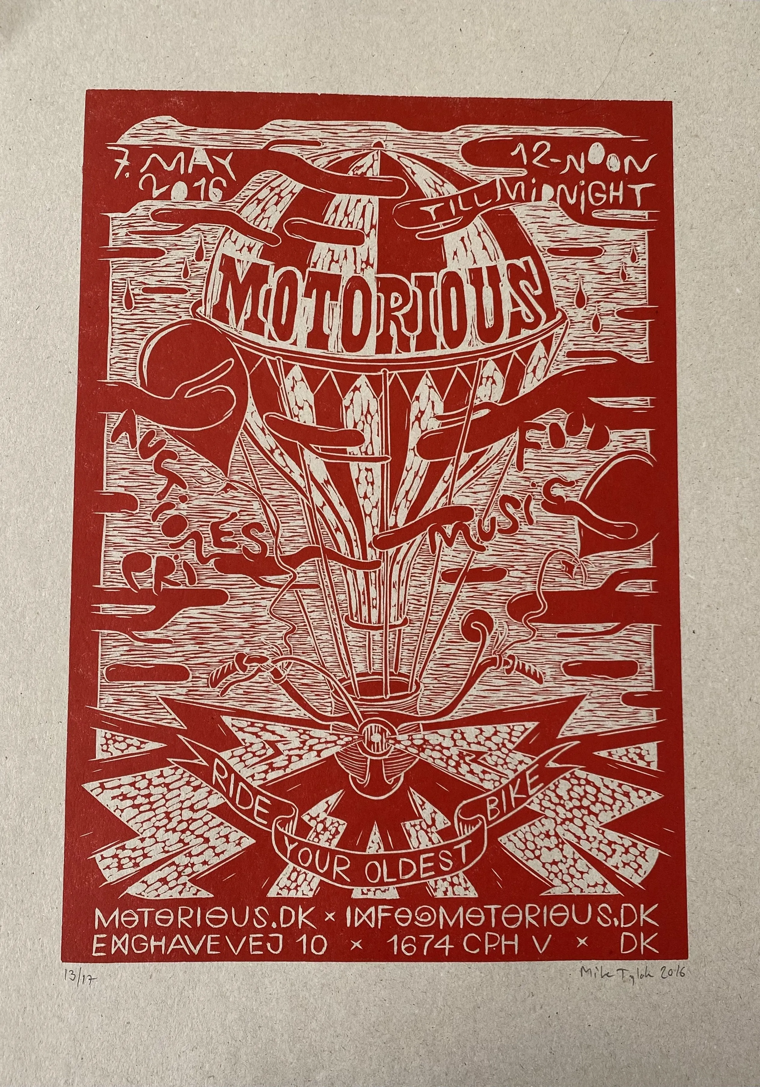 2016 Motorious lino-cut by Mike Tylak, A3 oversize, Red on Eco