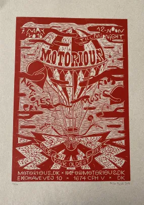 2016 Motorious lino-cut by Mike Tylak, A3 oversize, Red on Eco