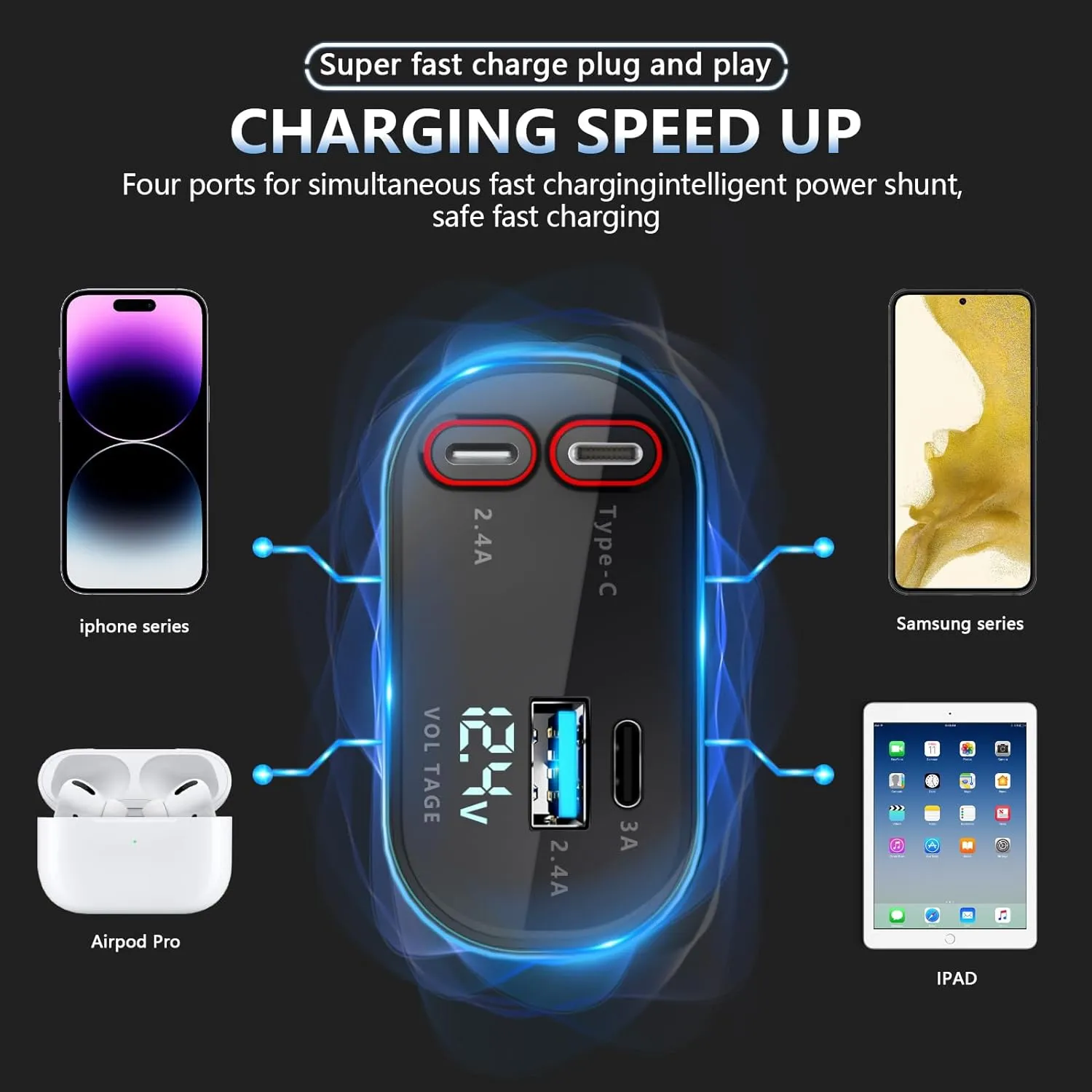 4 in 1 Retractable Fast Car Phone Charger 120W (Type-C, iOS, USB-C & USB interface)