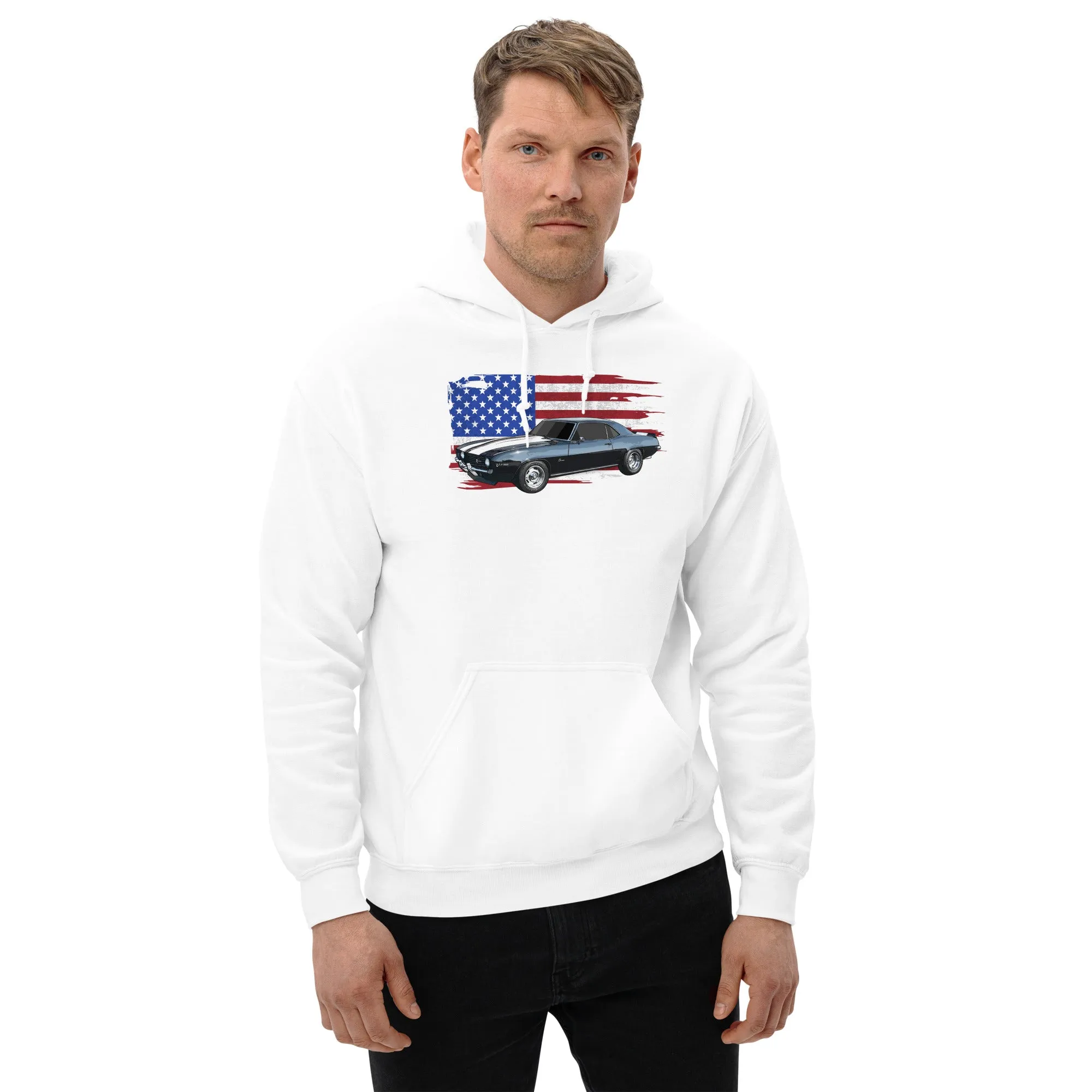 69 Camaro Hoodie With American Flag Background