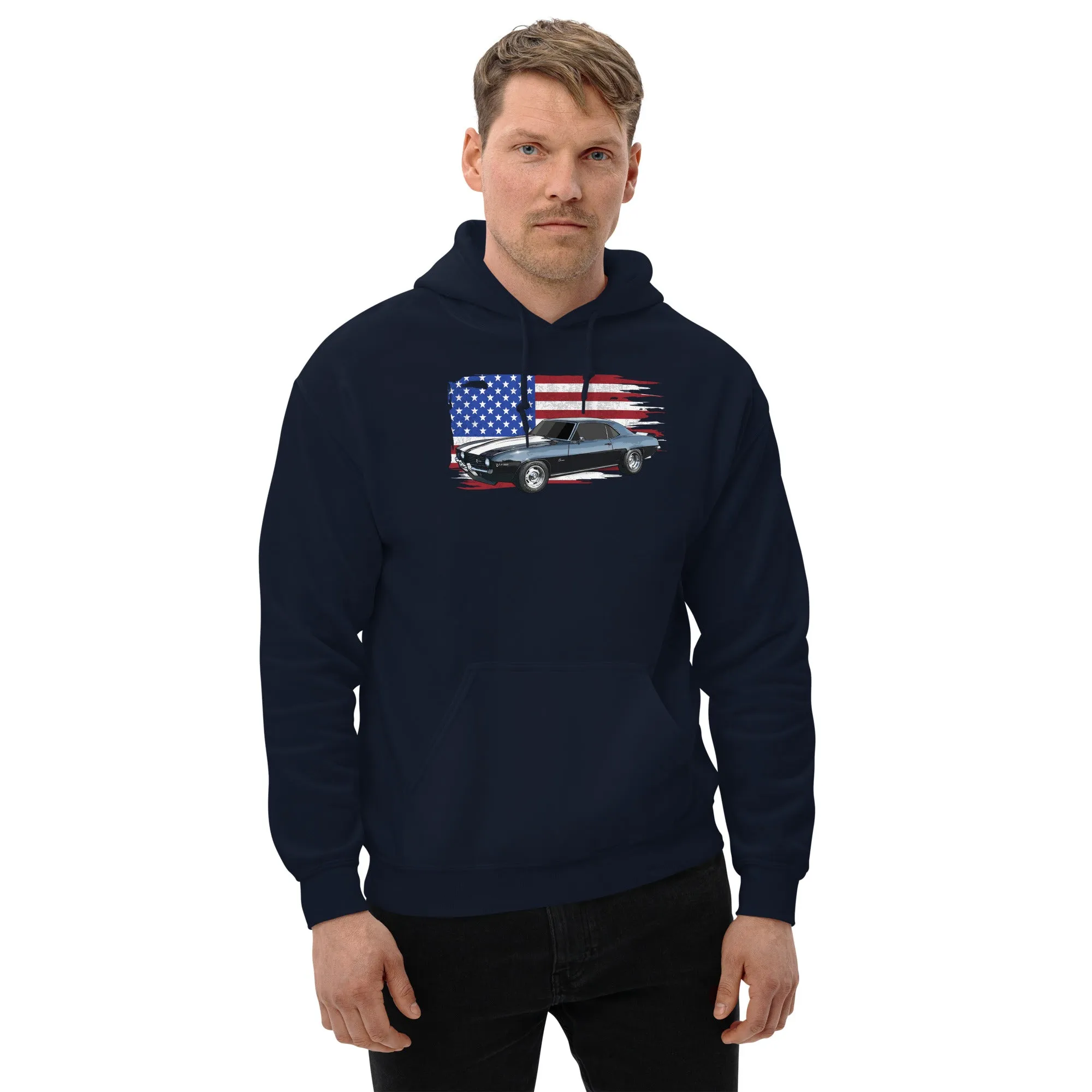 69 Camaro Hoodie With American Flag Background