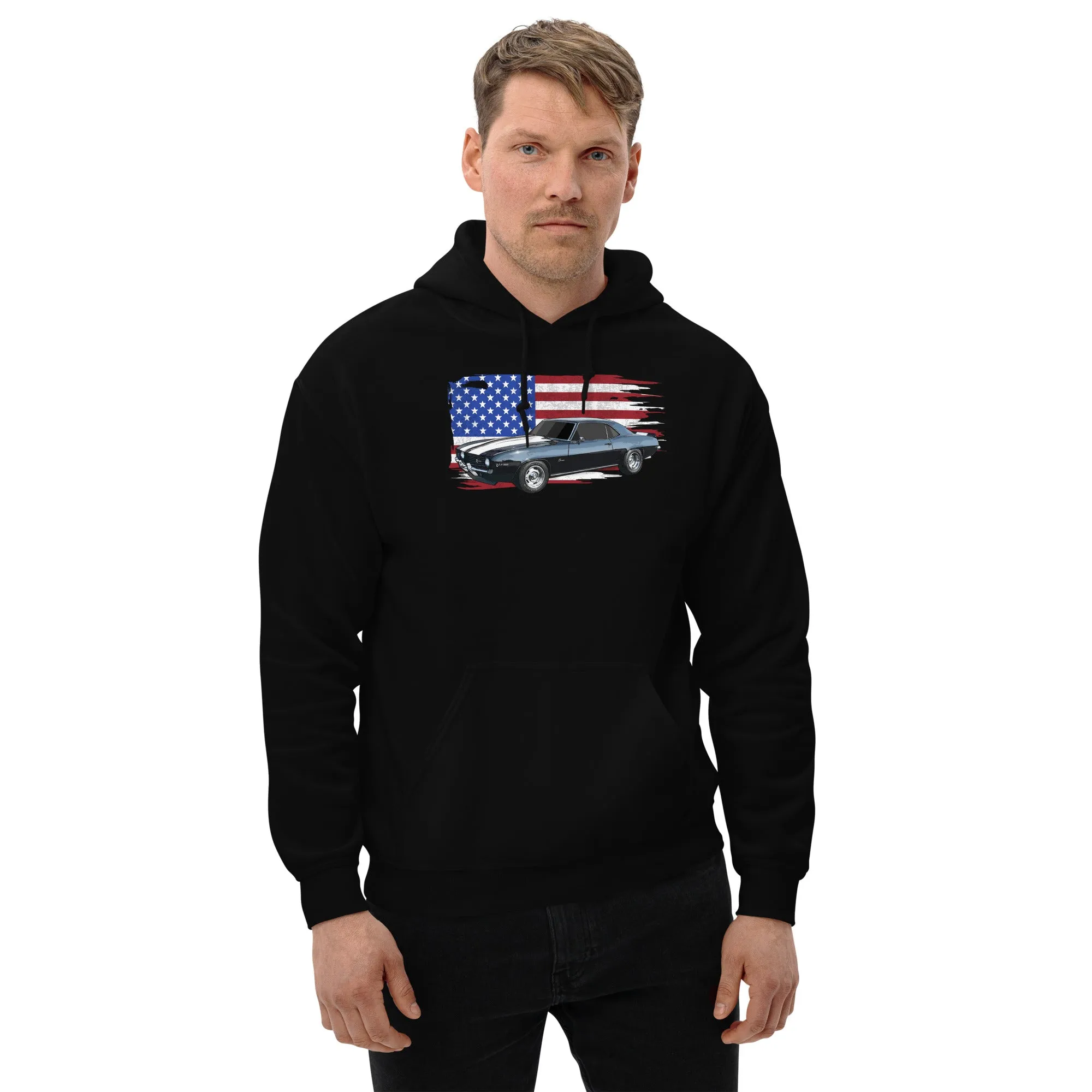 69 Camaro Hoodie With American Flag Background