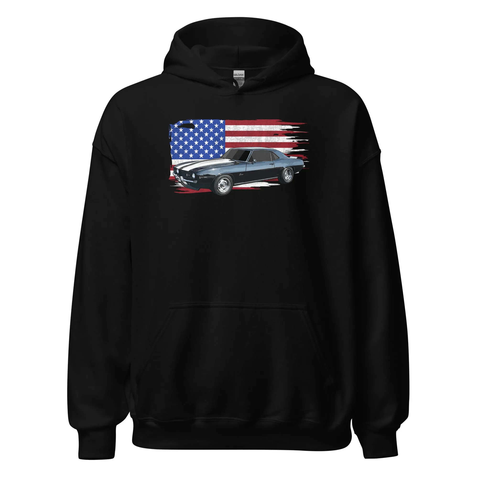 69 Camaro Hoodie With American Flag Background