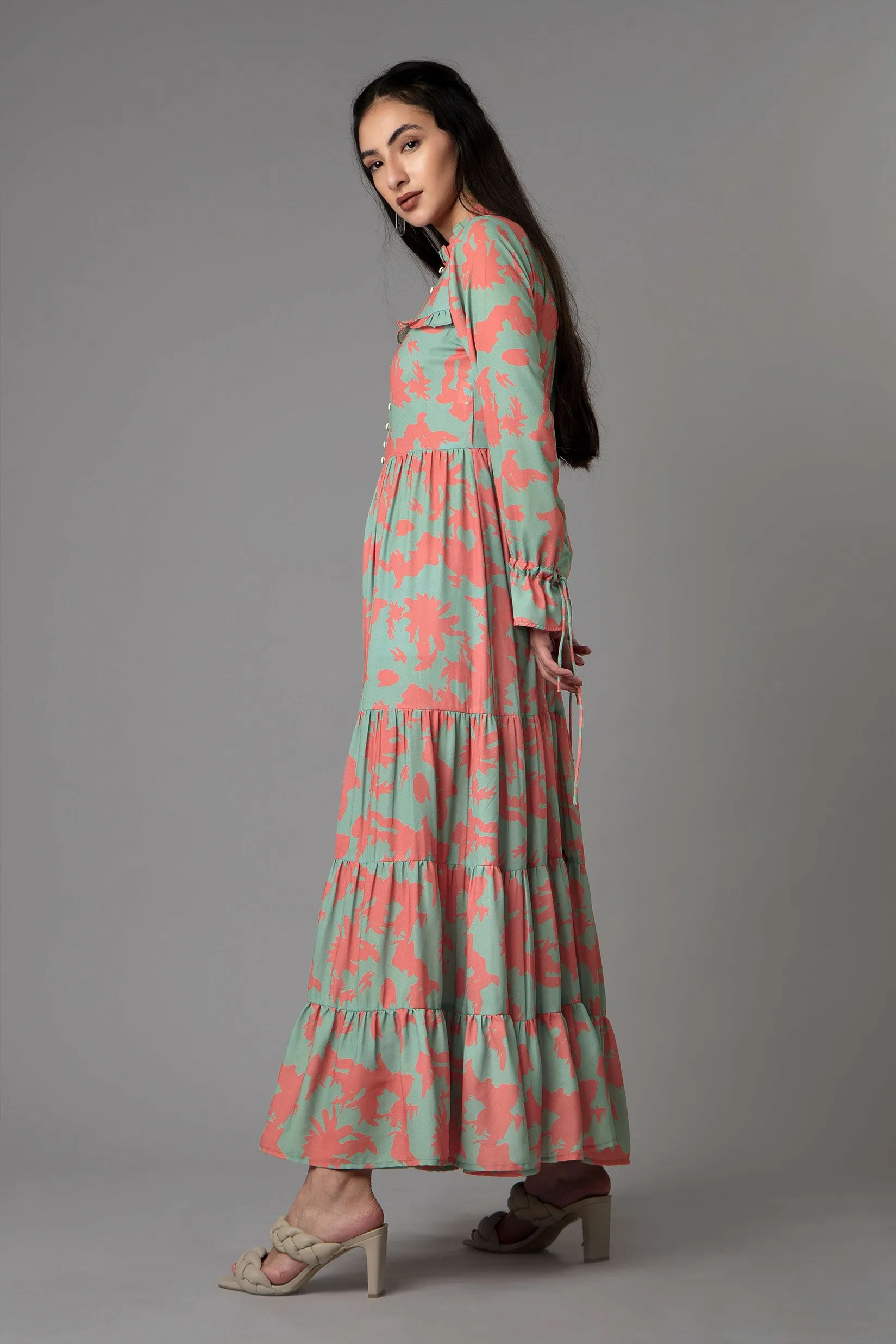 Abstract Gather Flounce Sleeve Maxi Dress