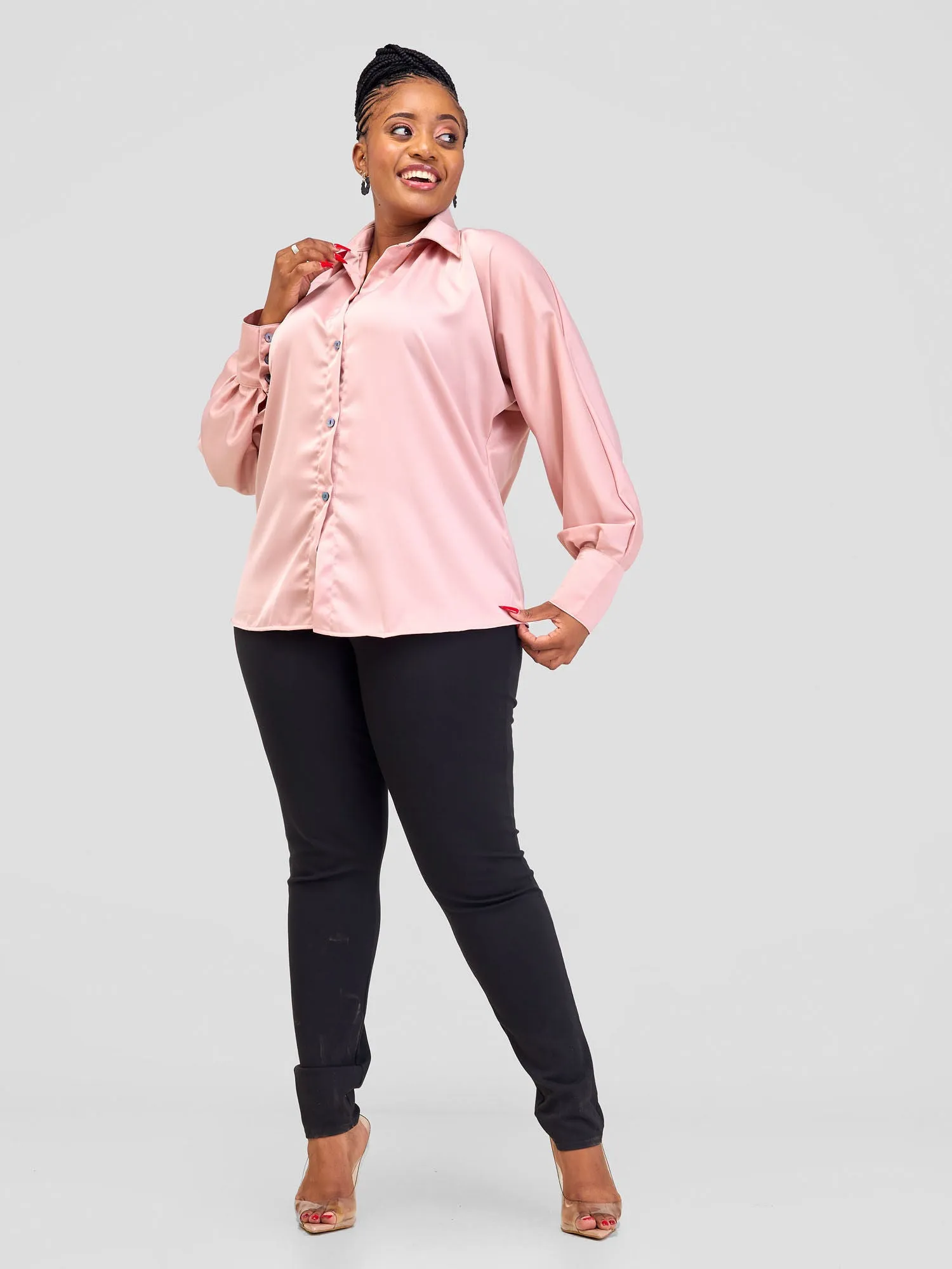 Alara Satin Button Up Blouse - Light Pink