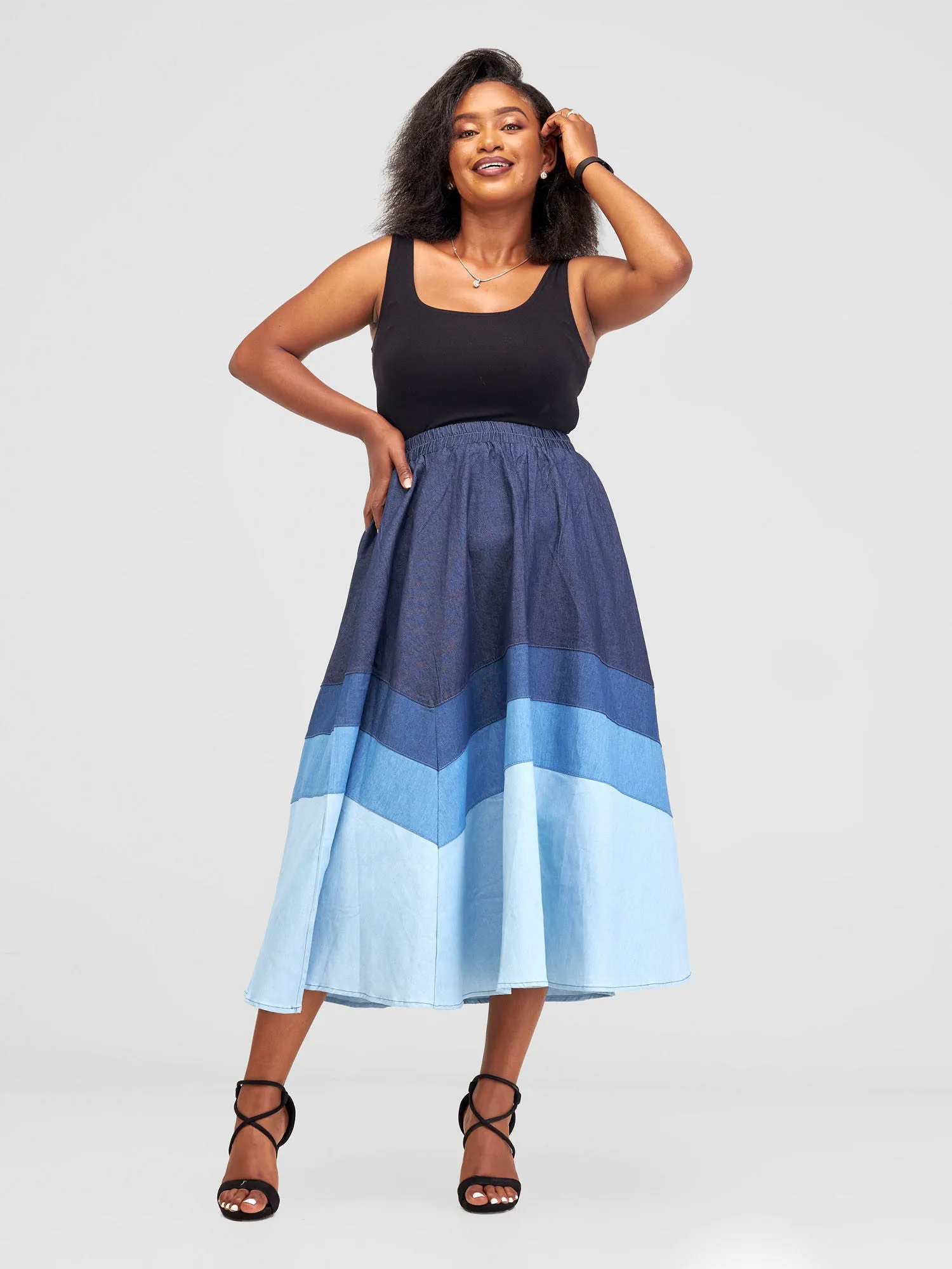 Alara Two Tier Midi Denim Skirt - Dark Blue Wash