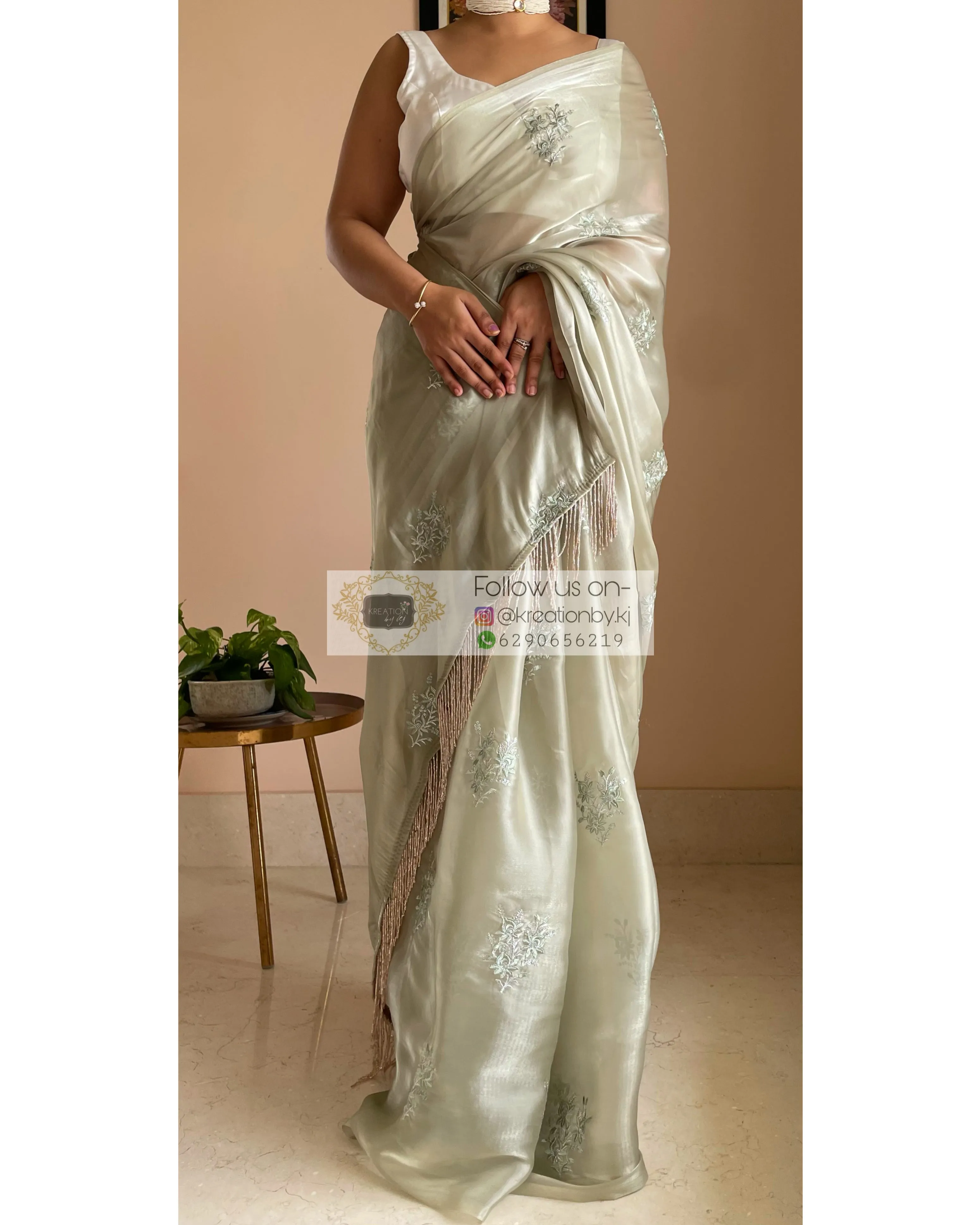 Ash Green Glass Organza Saree with Embroidery