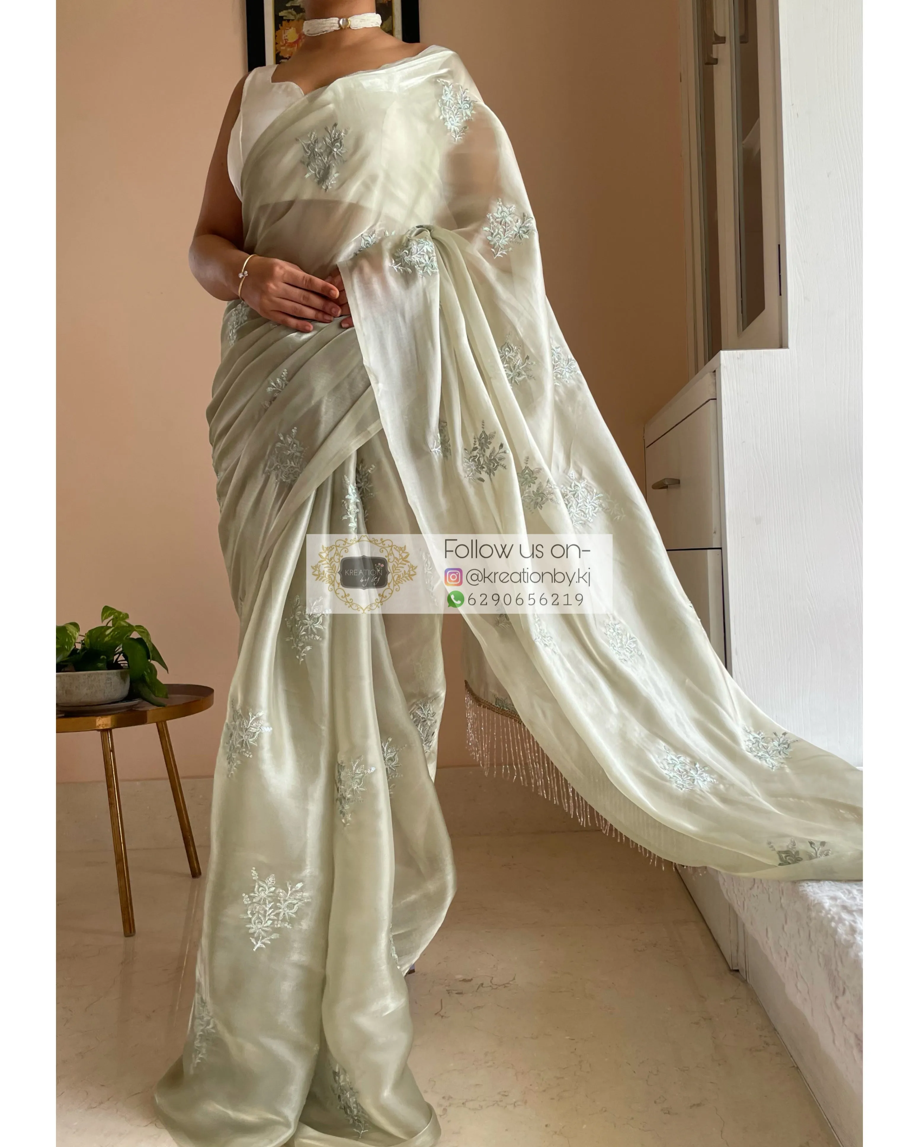 Ash Green Glass Organza Saree with Embroidery