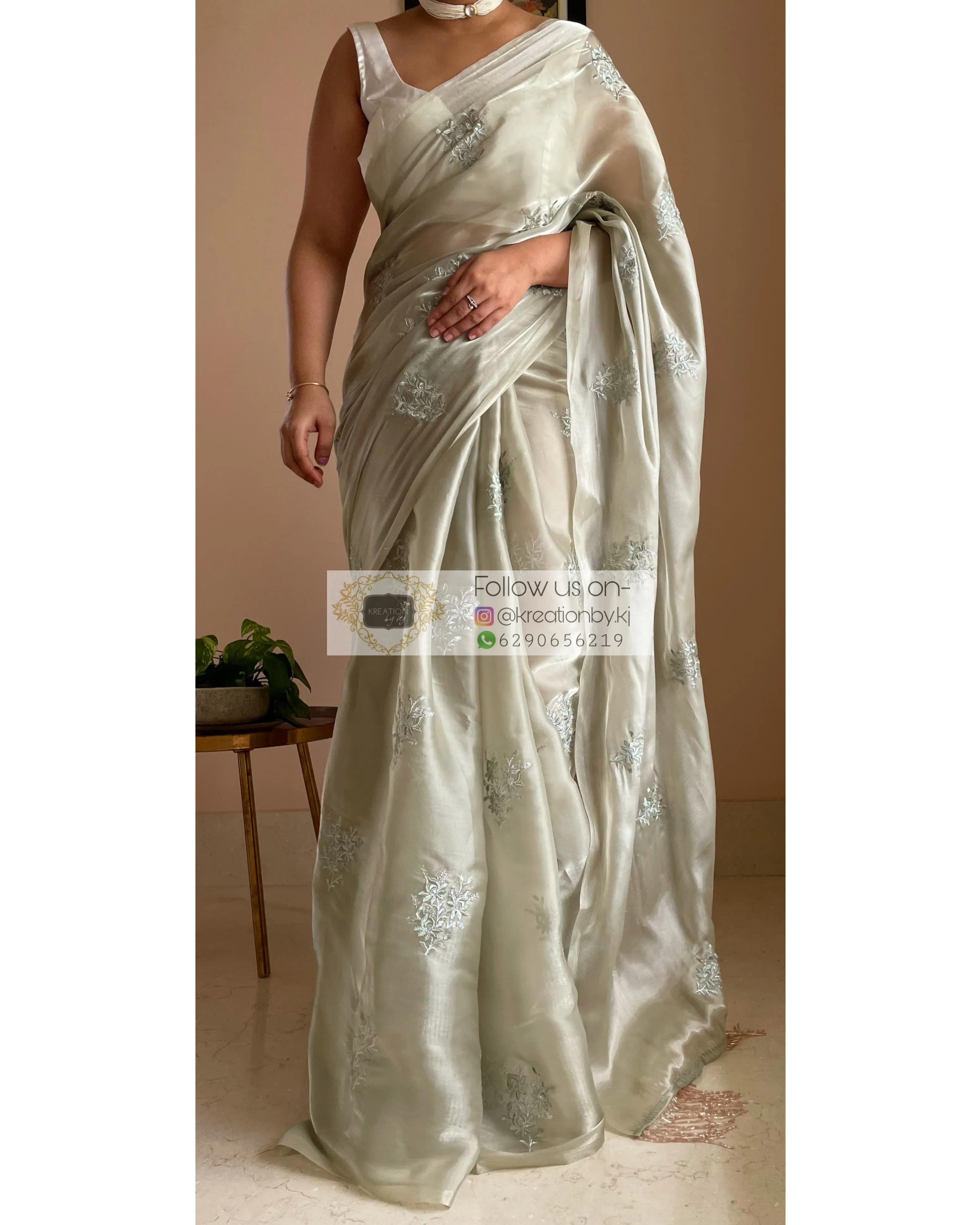 Ash Green Glass Organza Saree with Embroidery