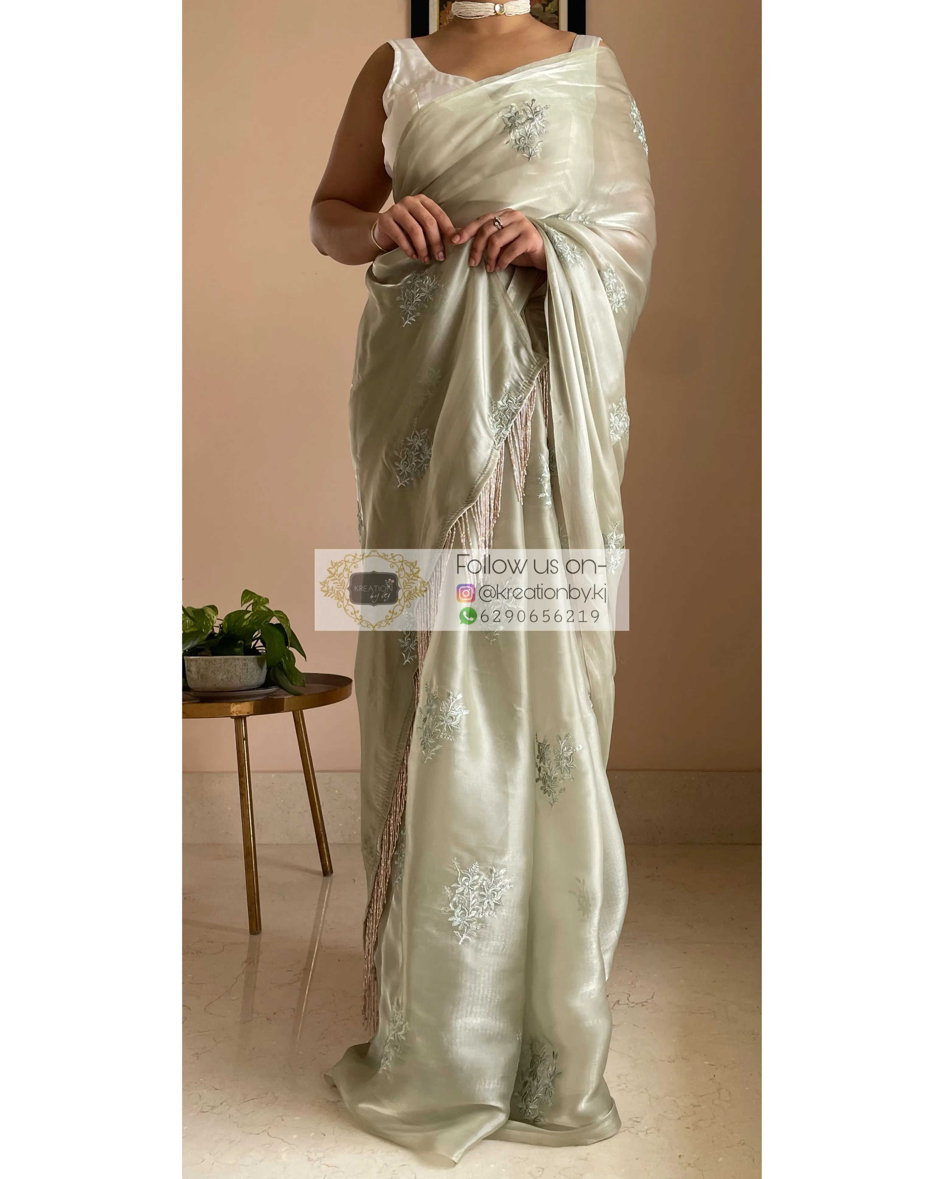 Ash Green Glass Organza Saree with Embroidery