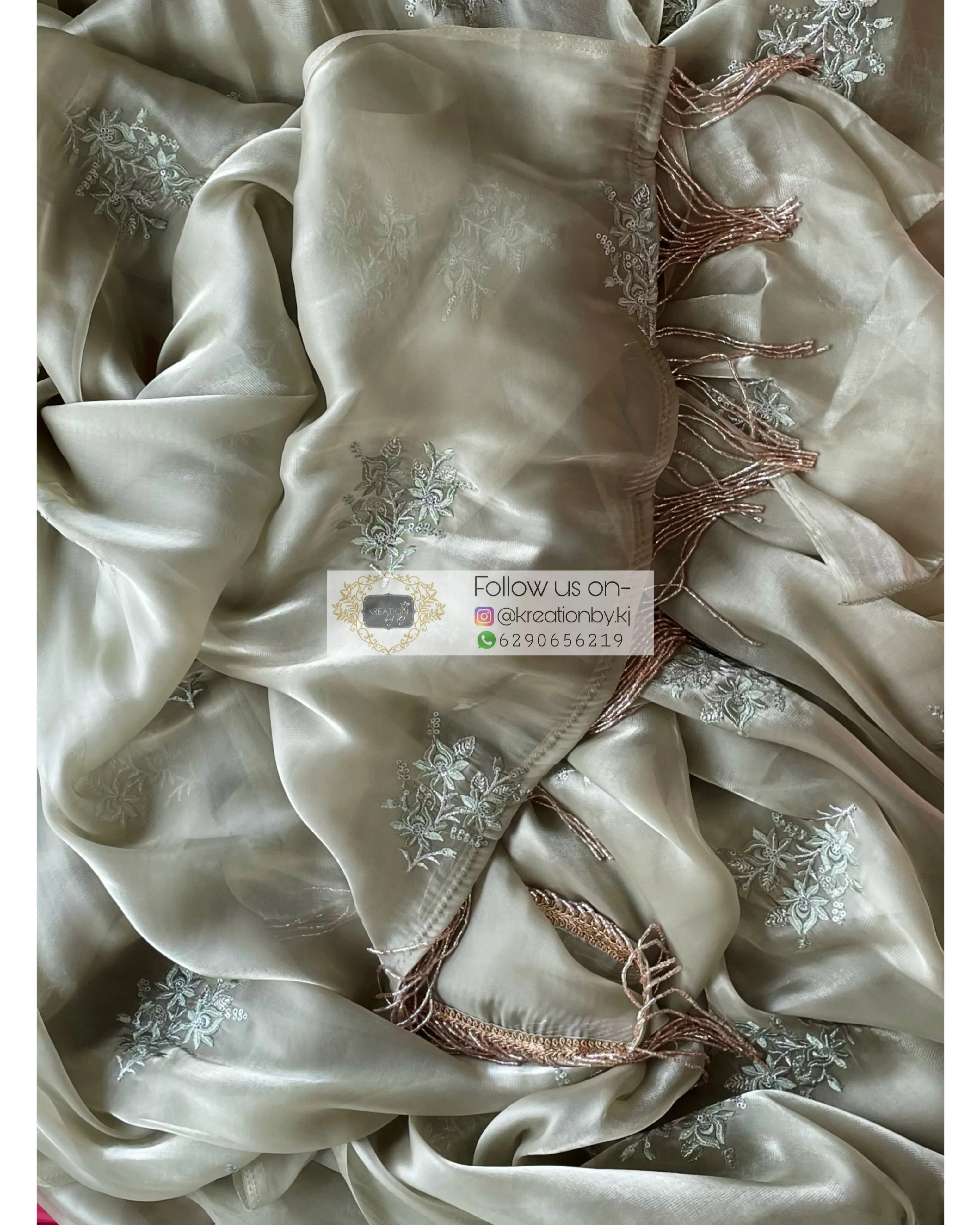 Ash Green Glass Organza Saree with Embroidery