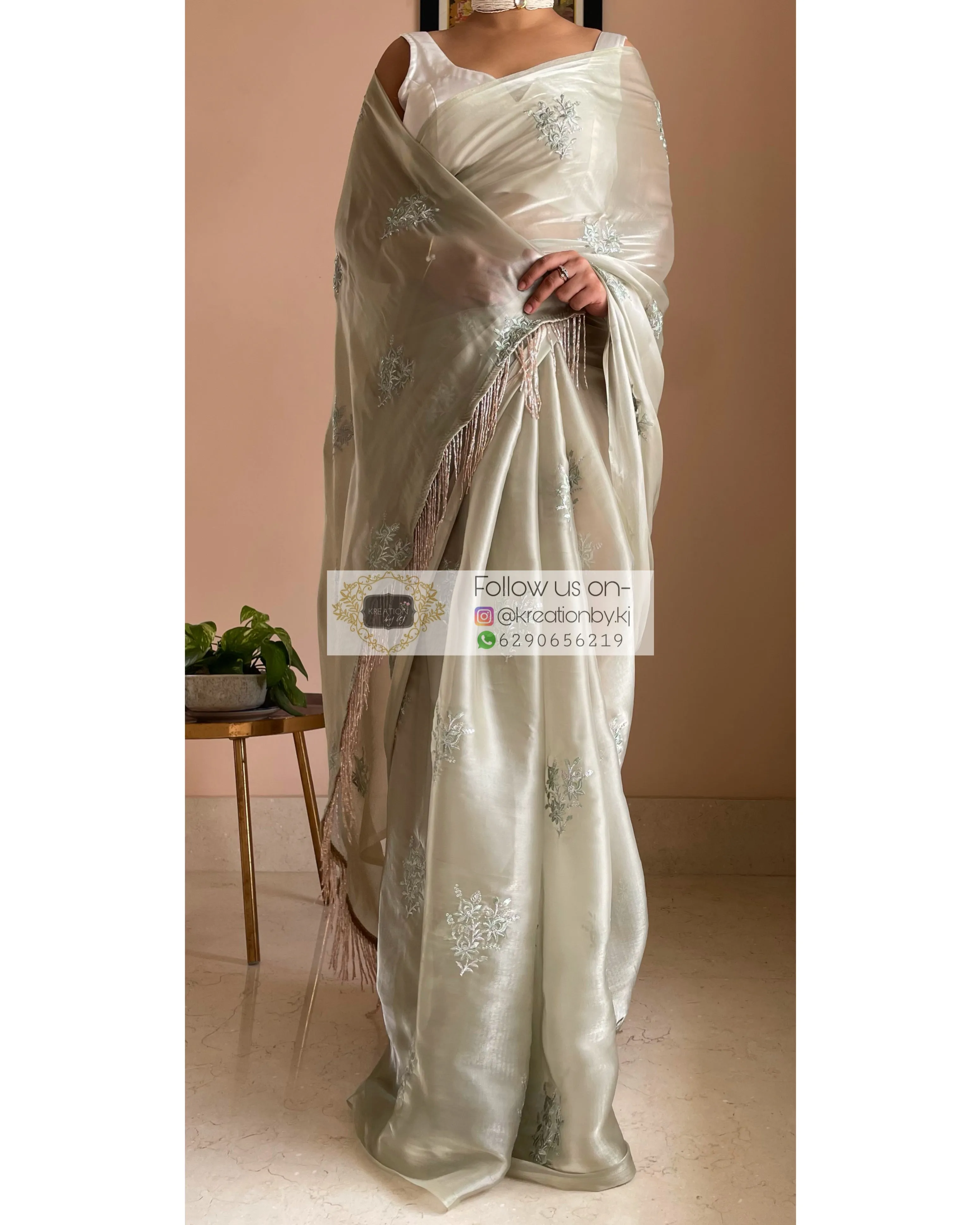 Ash Green Glass Organza Saree with Embroidery