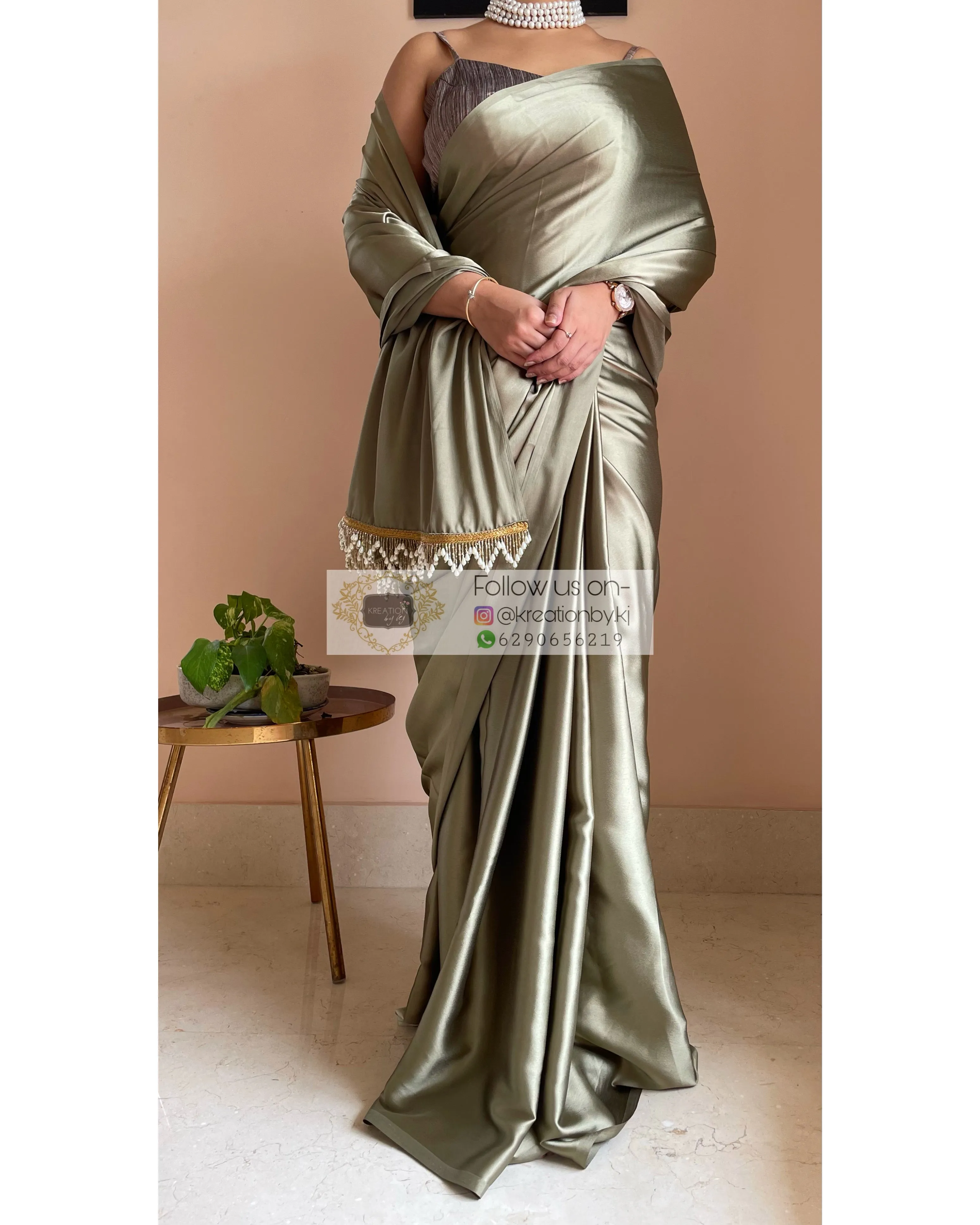 Ash Green Satin Silk Saree with Handmade Tassels on Pallu