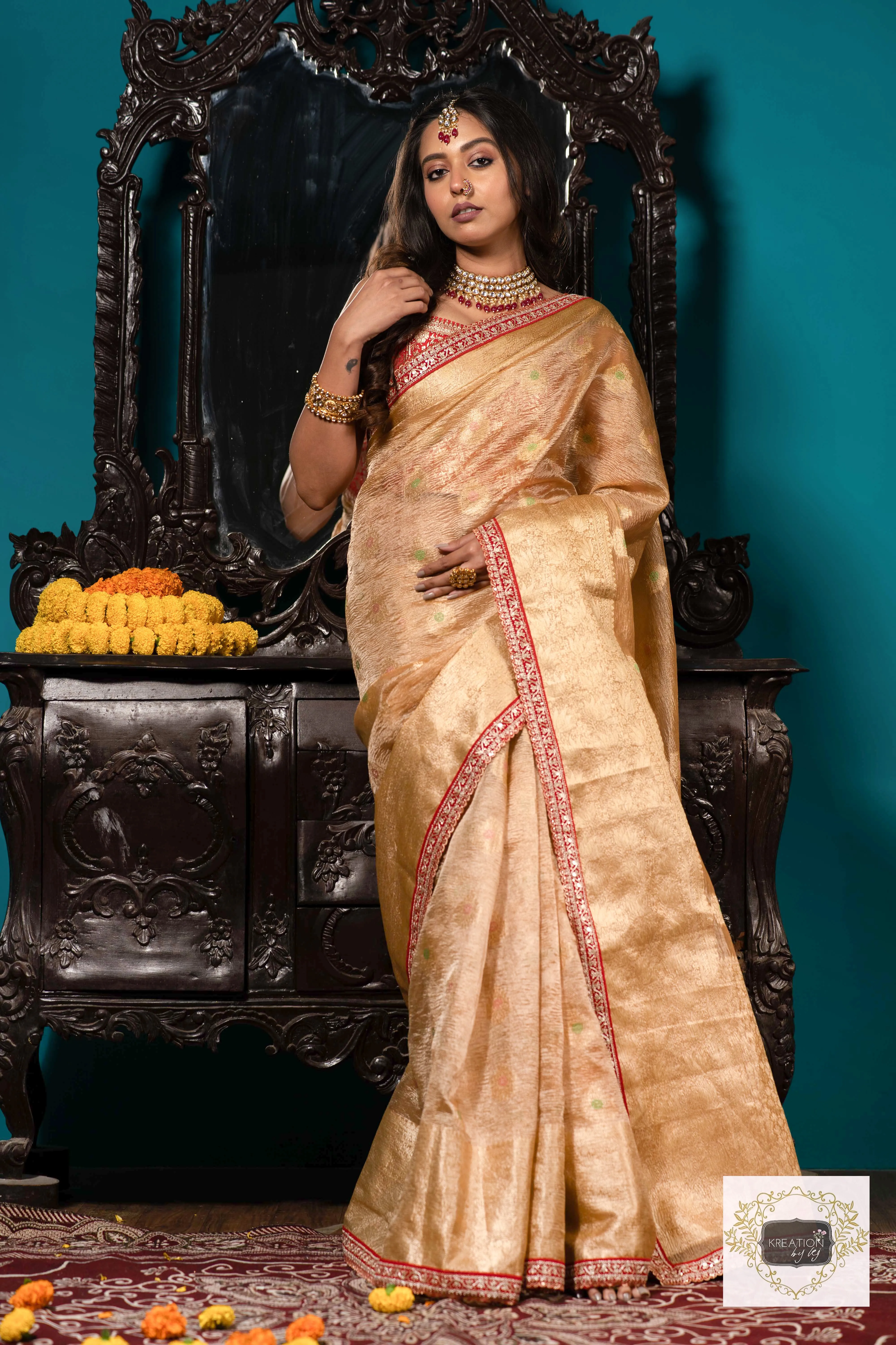 Beige Pure Banarasi Tissue Saree