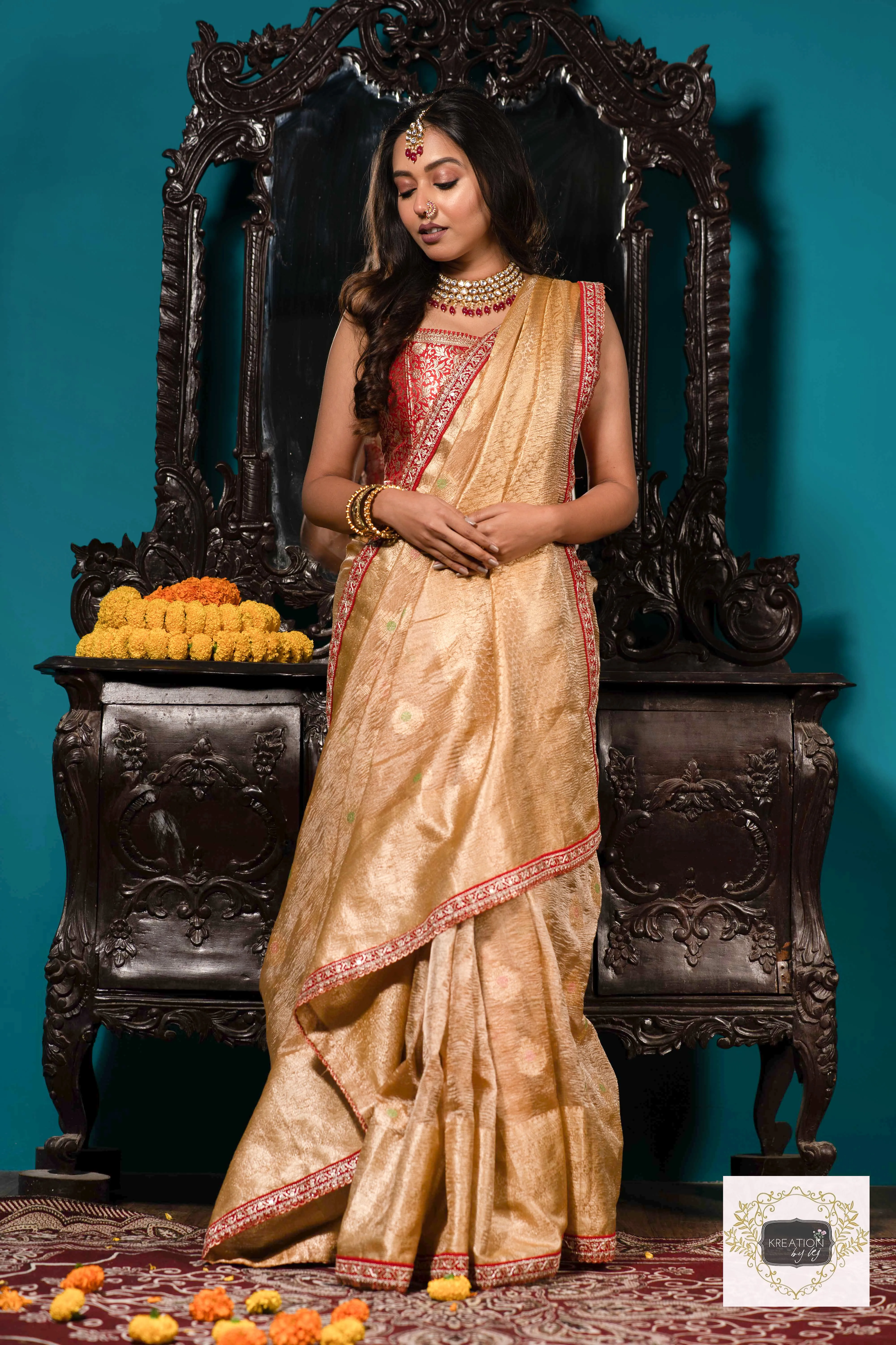 Beige Pure Banarasi Tissue Saree