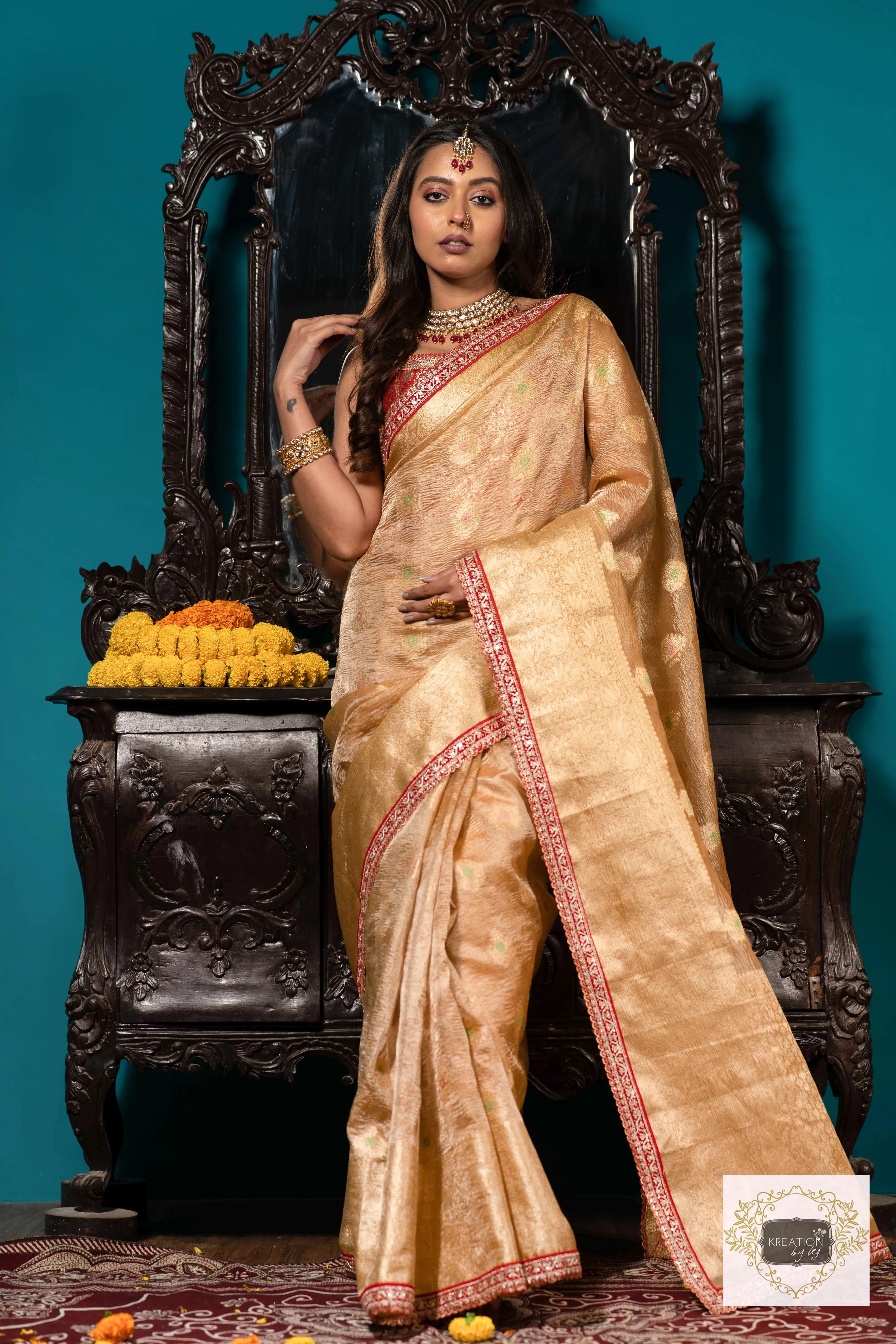 Beige Pure Banarasi Tissue Saree