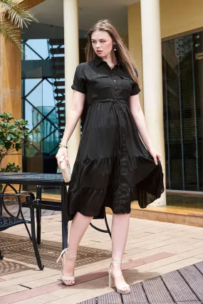 Black Inverted Box Pocket 3-Tiered Midi Dress