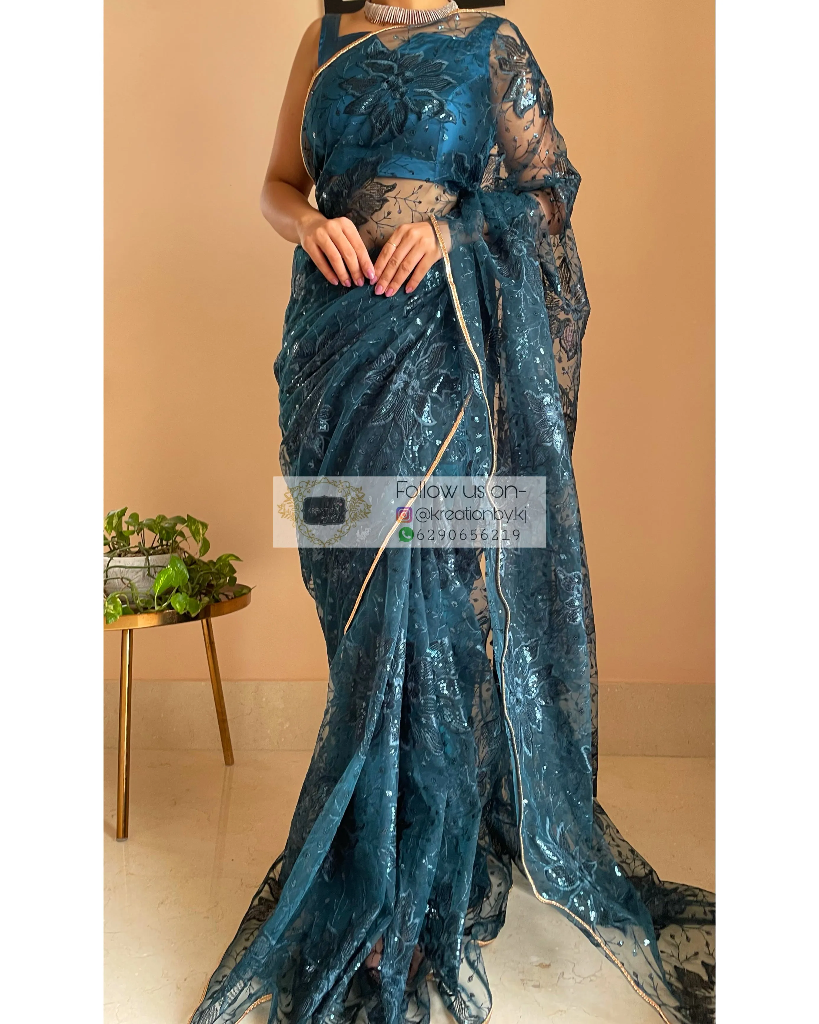 Blue Floral Net Saree