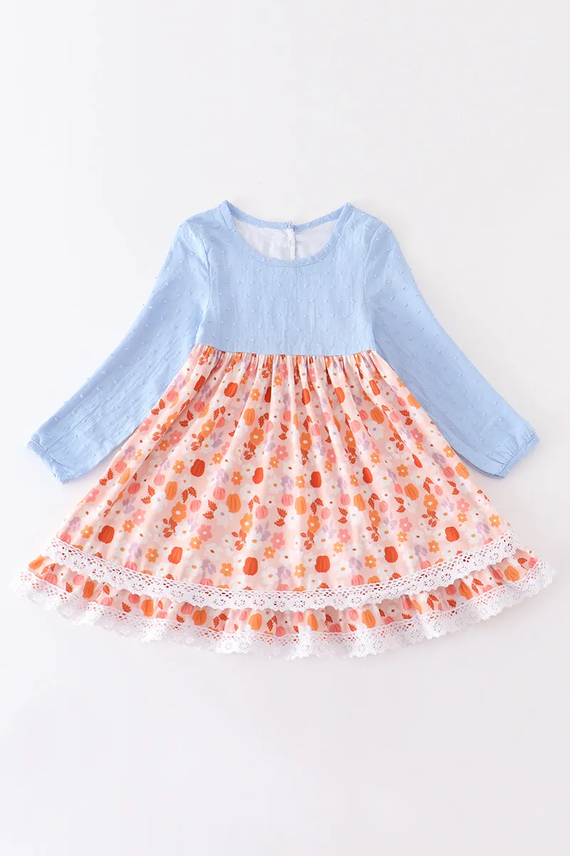 Blue swiss dot floral print dress