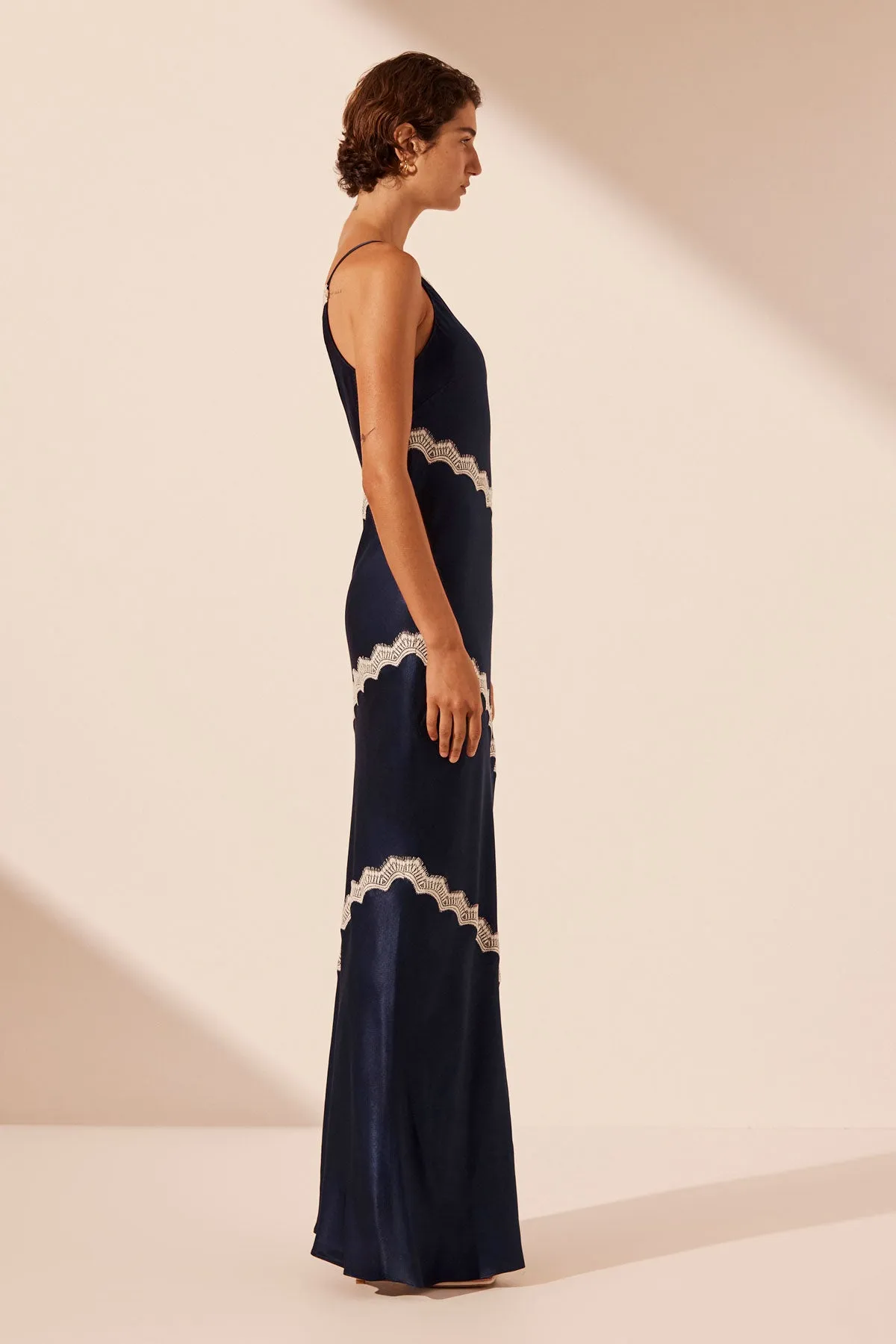 CAMILLE LACE ASYMMETRICAL MAXI DRESS - DEEP MIDNIGHT/IVORY