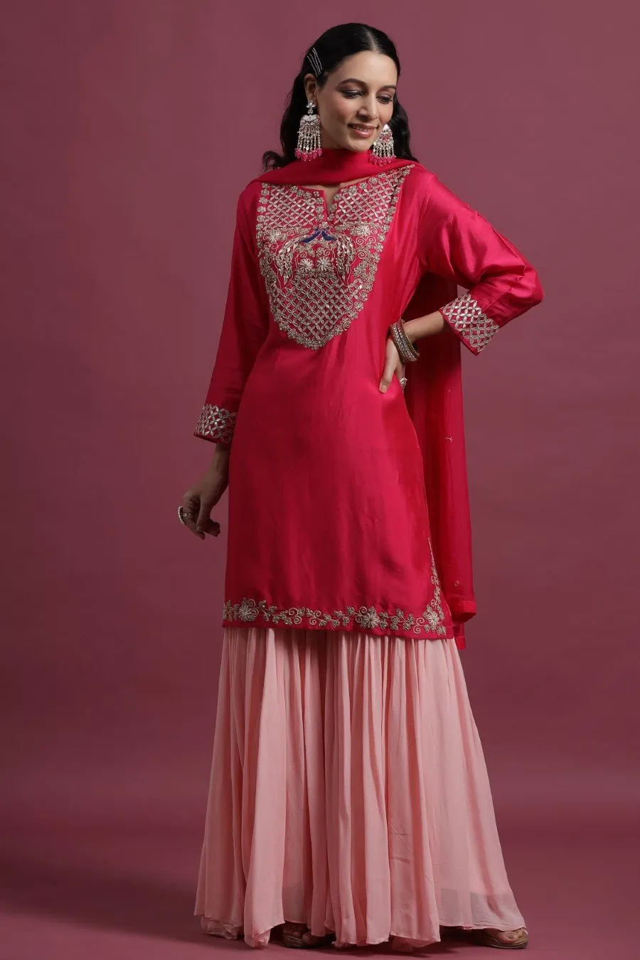 Cerise Pink Peacock Embroidered Sharara Set