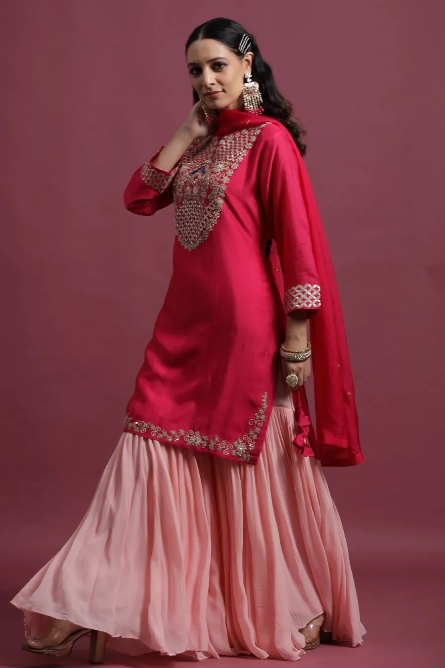 Cerise Pink Peacock Embroidered Sharara Set