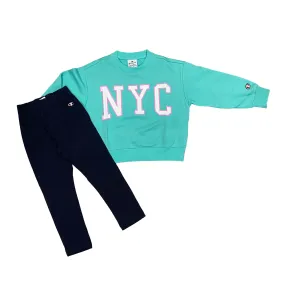 Champion girl's tracksuit with crew-neck sweatshirt and tight-fitting trousers 404993 BS049 aqua green-blue