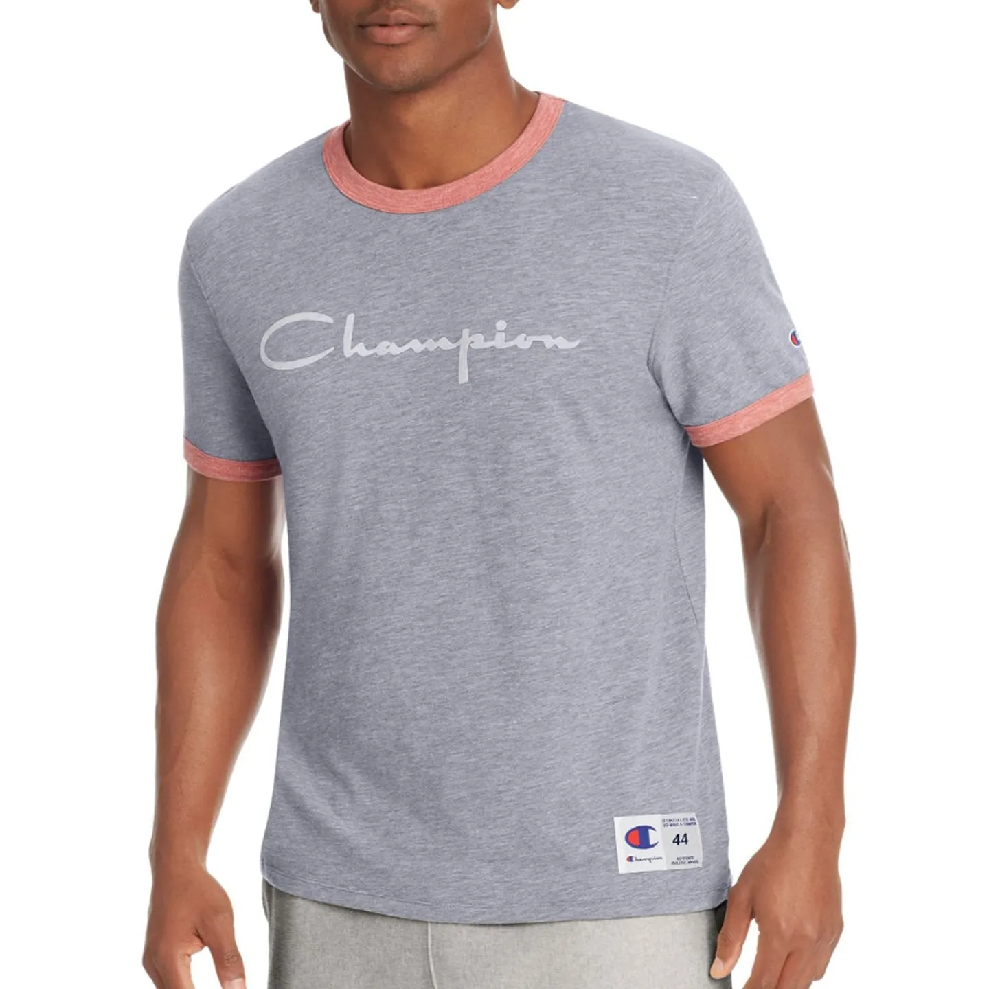 Champion Men's Heritage Ringer Tee, Flocked Script Logo (Navy)