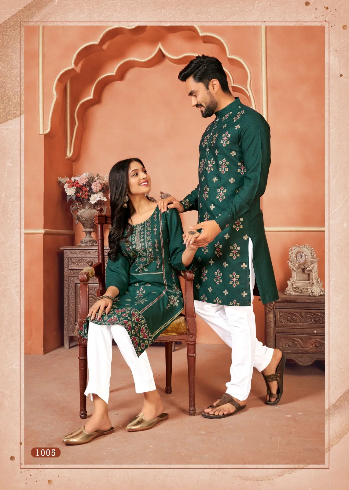 Cotton Traditional Wedding Couple Wear Same Matching Outfits Green