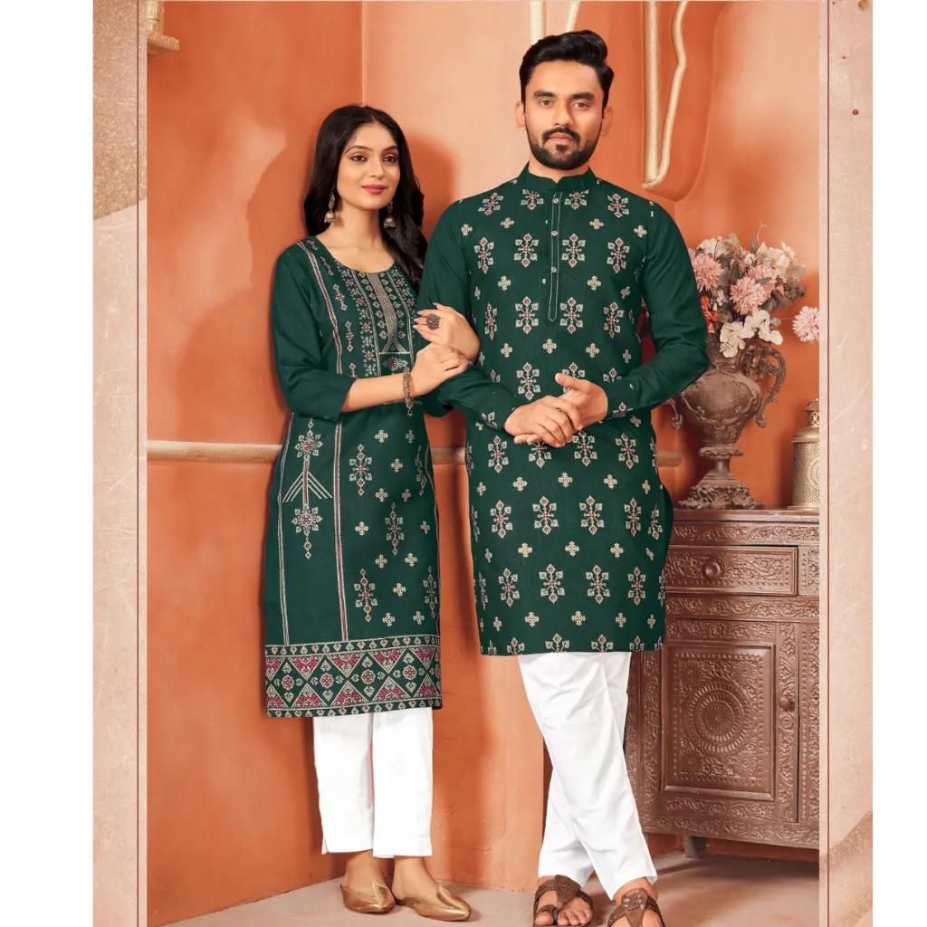 Cotton Traditional Wedding Couple Wear Same Matching Outfits Green