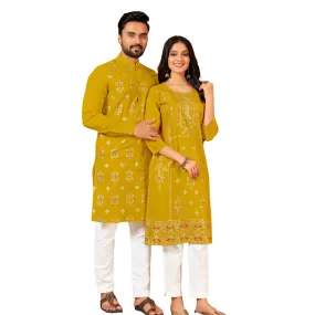 Couple Wear Pure Cotton Yellow Traditional Same Matching Outfits Set