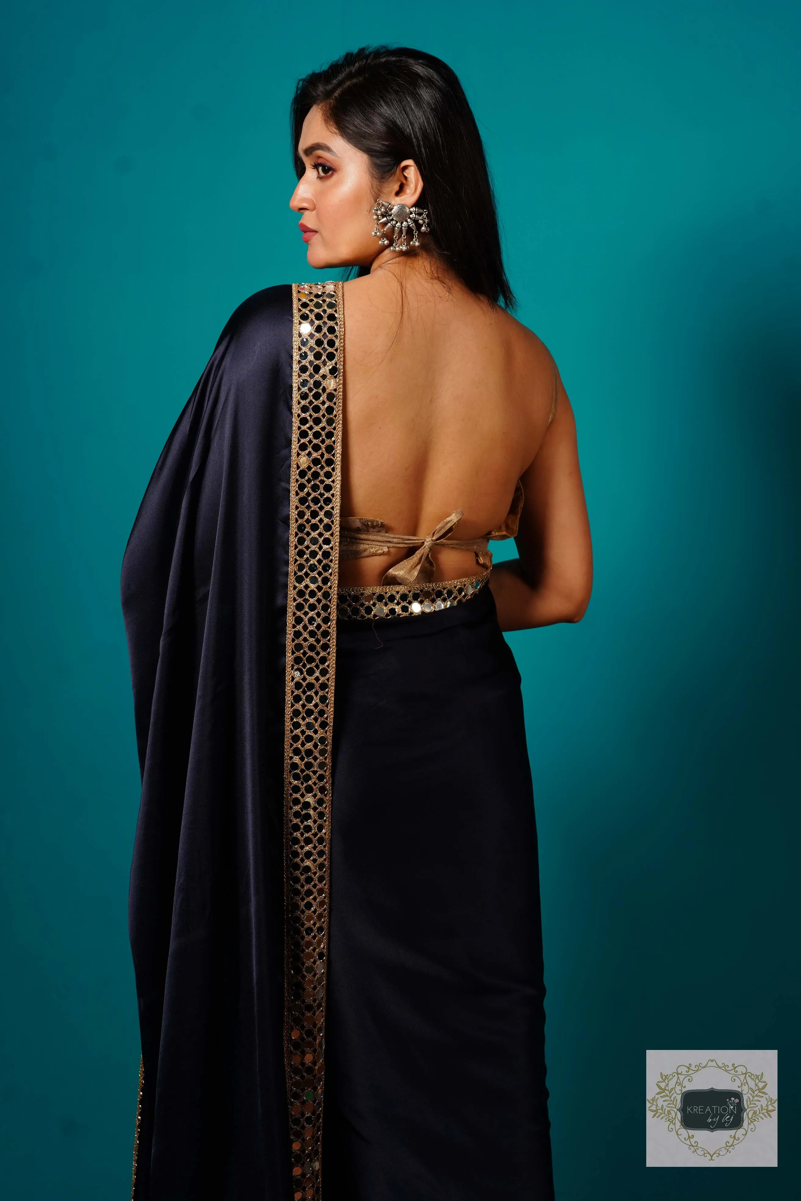 Deep Blue Satin Silk Sheesh Mahal Saree