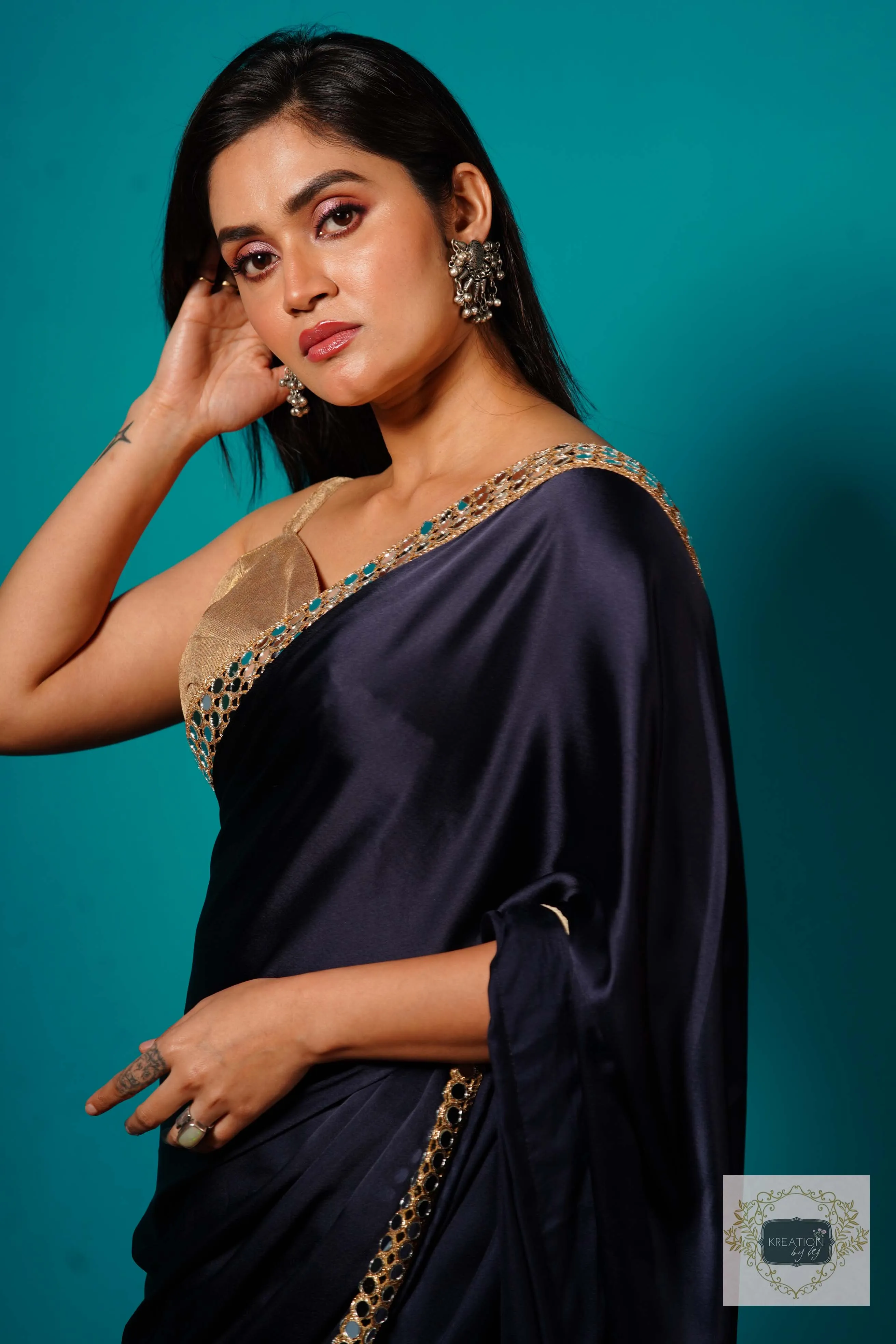 Deep Blue Satin Silk Sheesh Mahal Saree