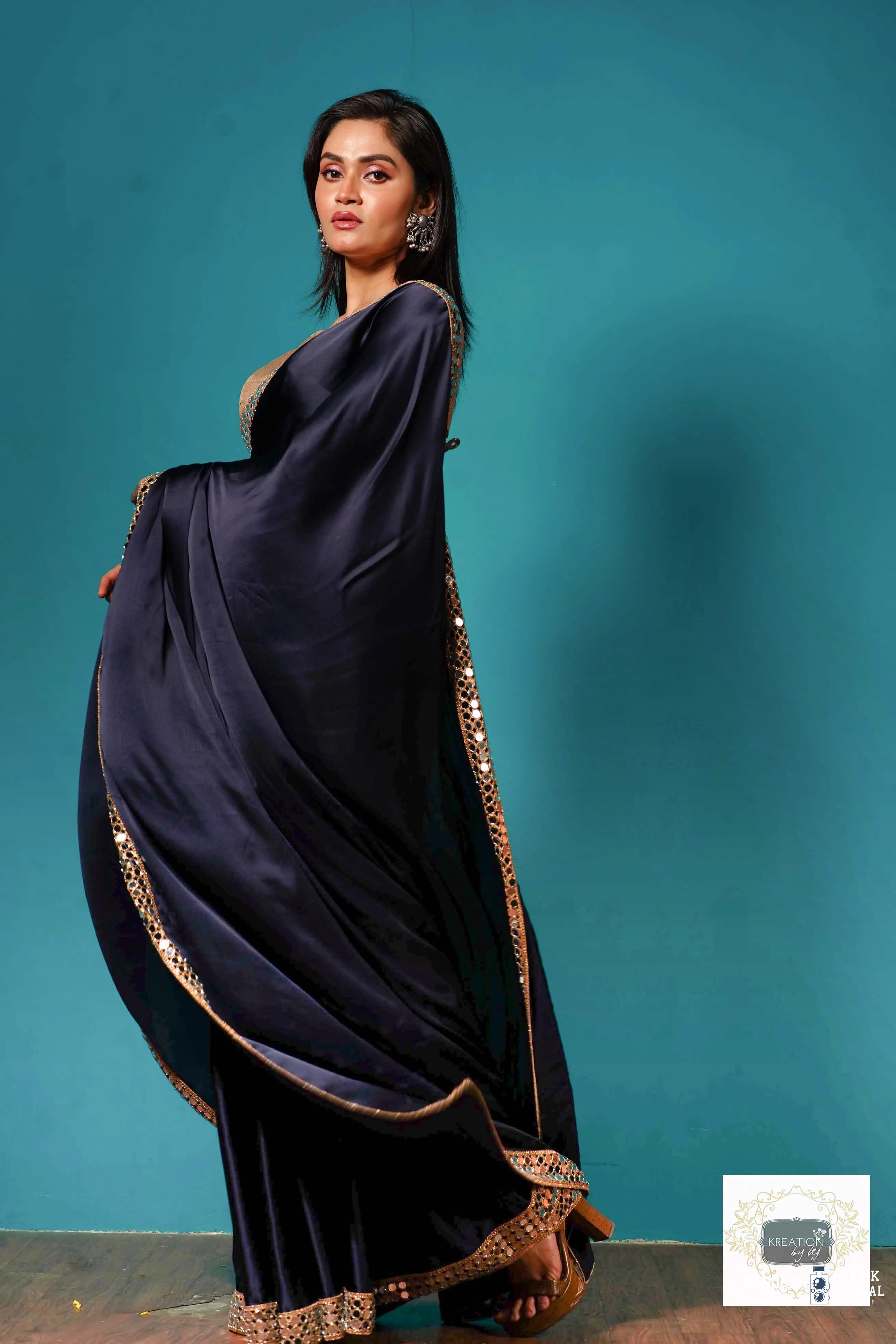 Deep Blue Satin Silk Sheesh Mahal Saree