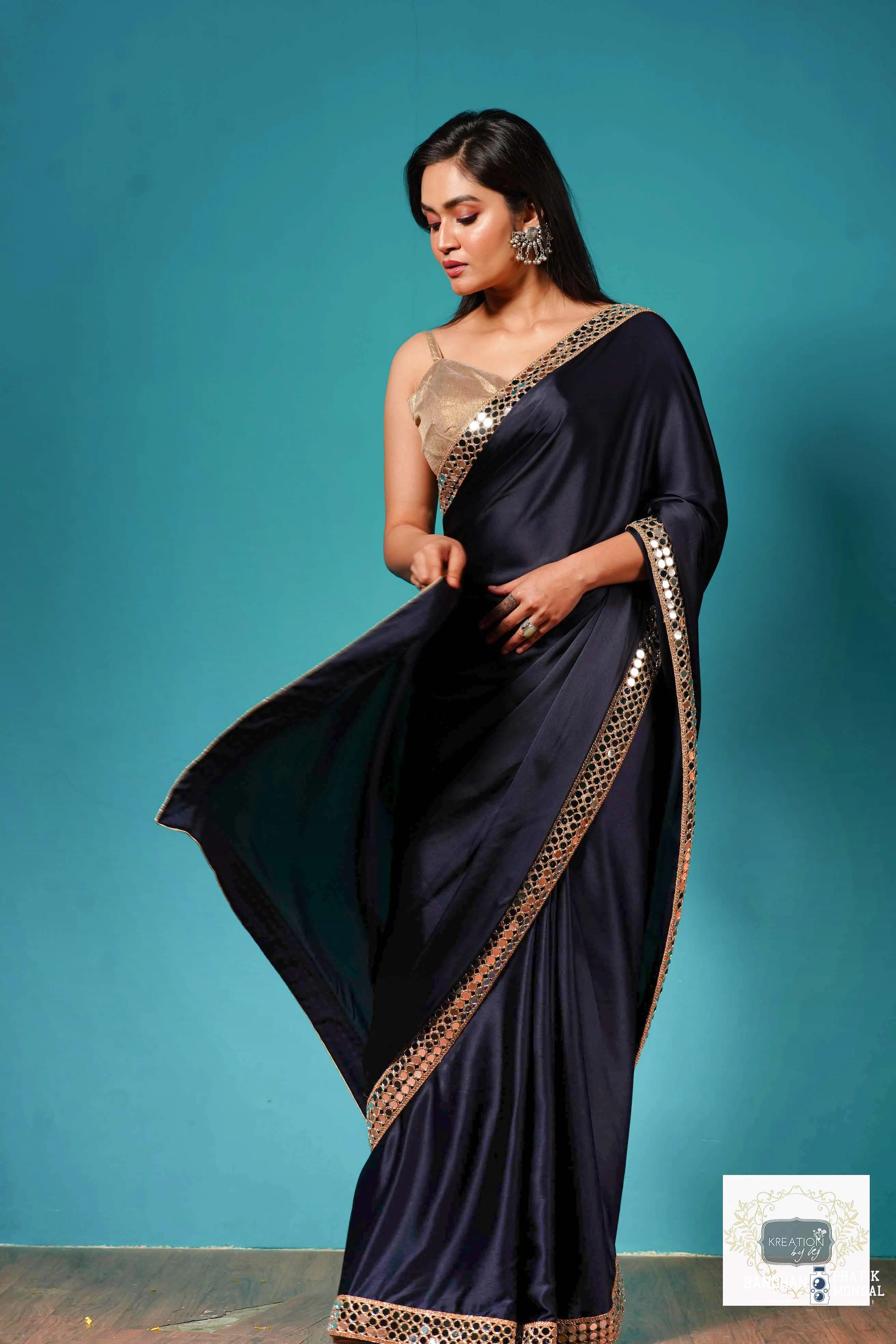 Deep Blue Satin Silk Sheesh Mahal Saree