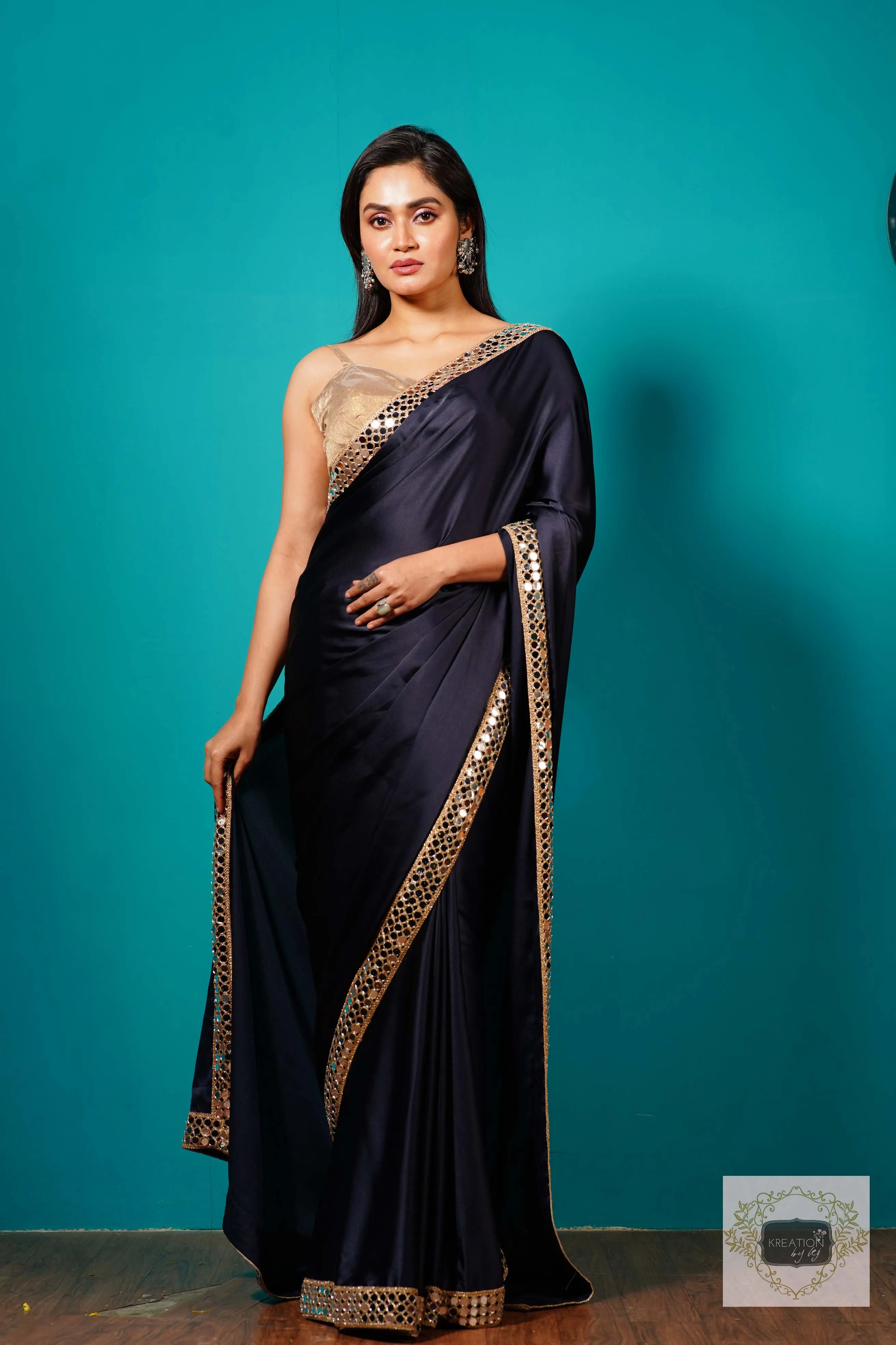 Deep Blue Satin Silk Sheesh Mahal Saree