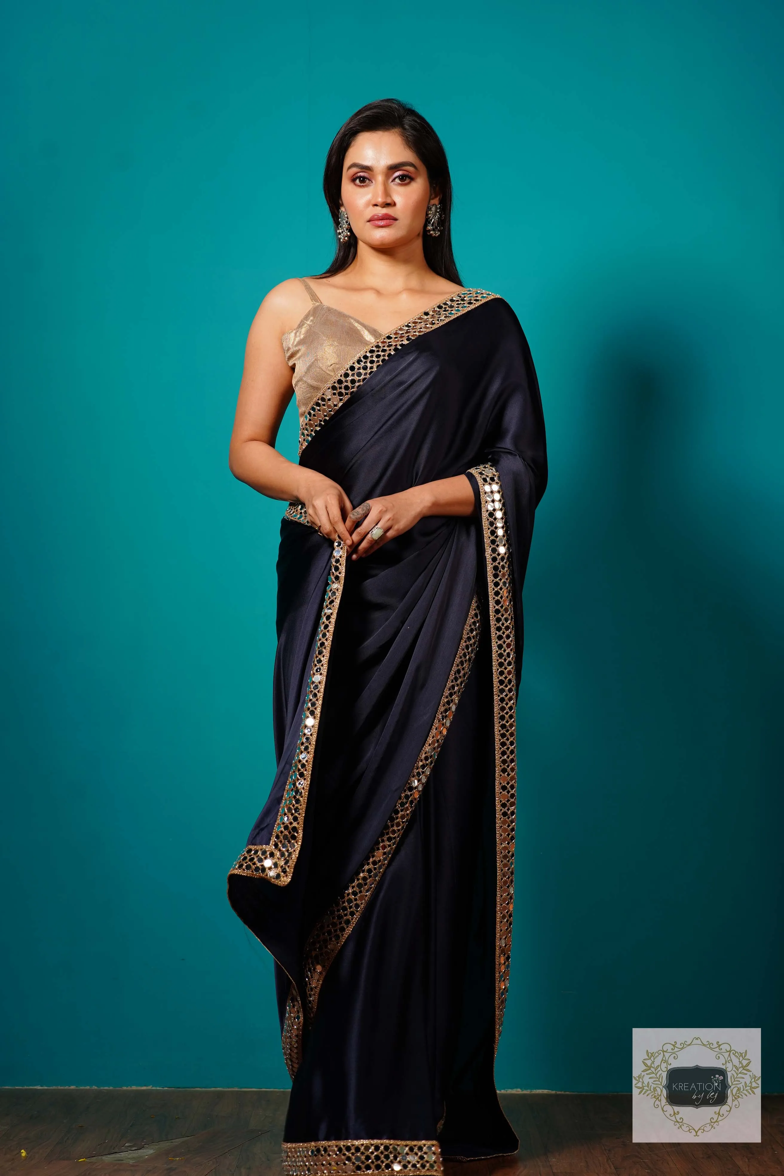 Deep Blue Satin Silk Sheesh Mahal Saree