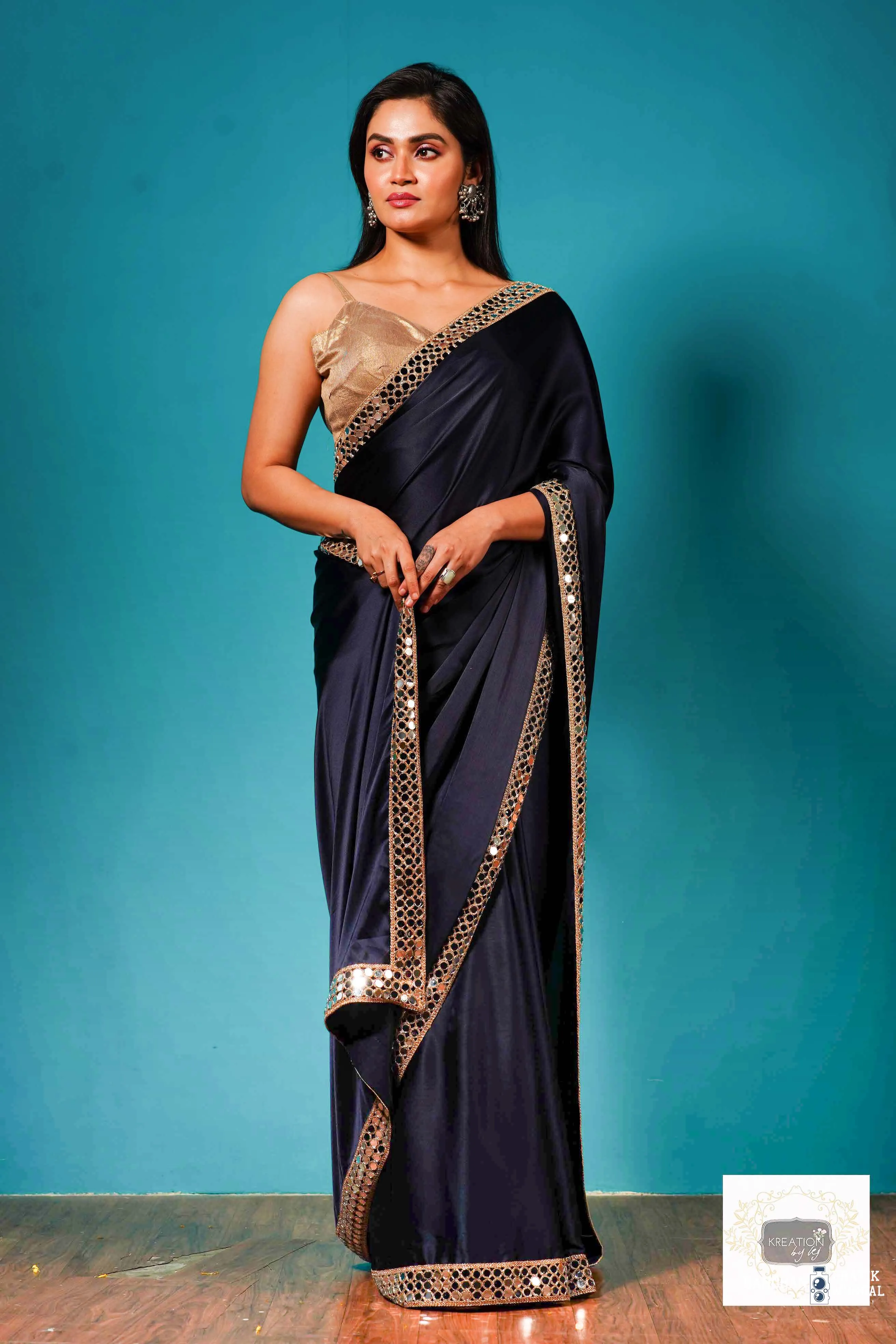 Deep Blue Satin Silk Sheesh Mahal Saree