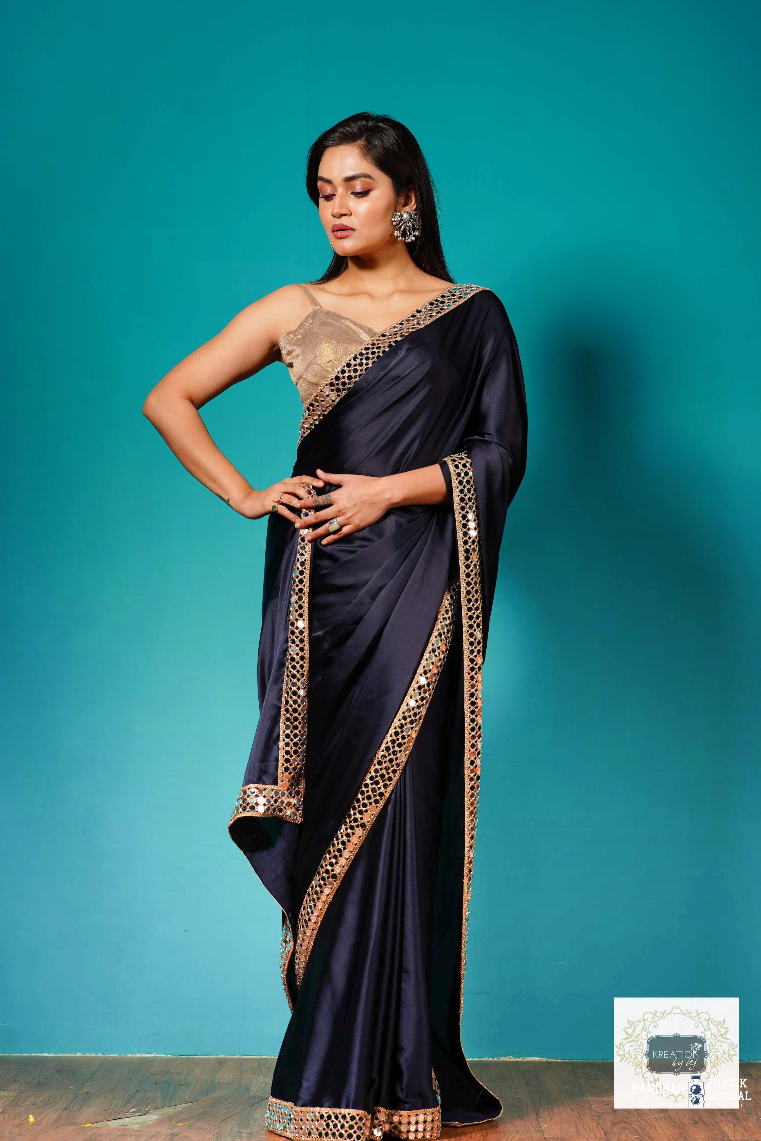 Deep Blue Satin Silk Sheesh Mahal Saree