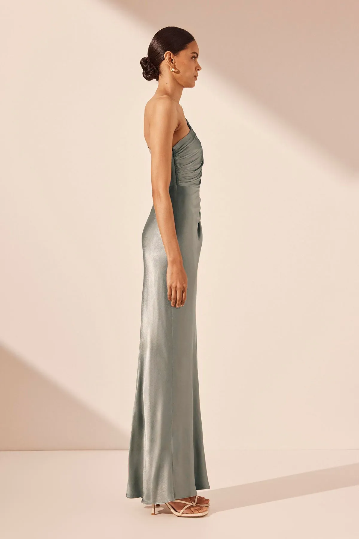 LA LUNE ASYMMETRICAL GATHERED MAXI DRESS - SAGE