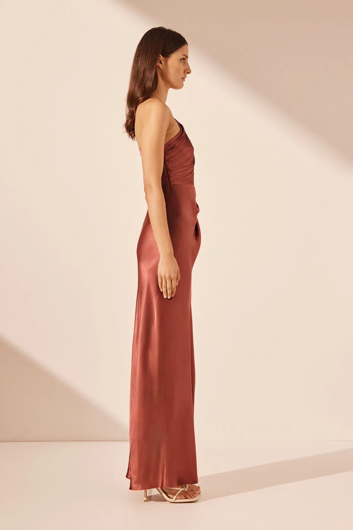 LA LUNE ASYMMETRICAL GATHERED MAXI DRESS - TERRACOTTA