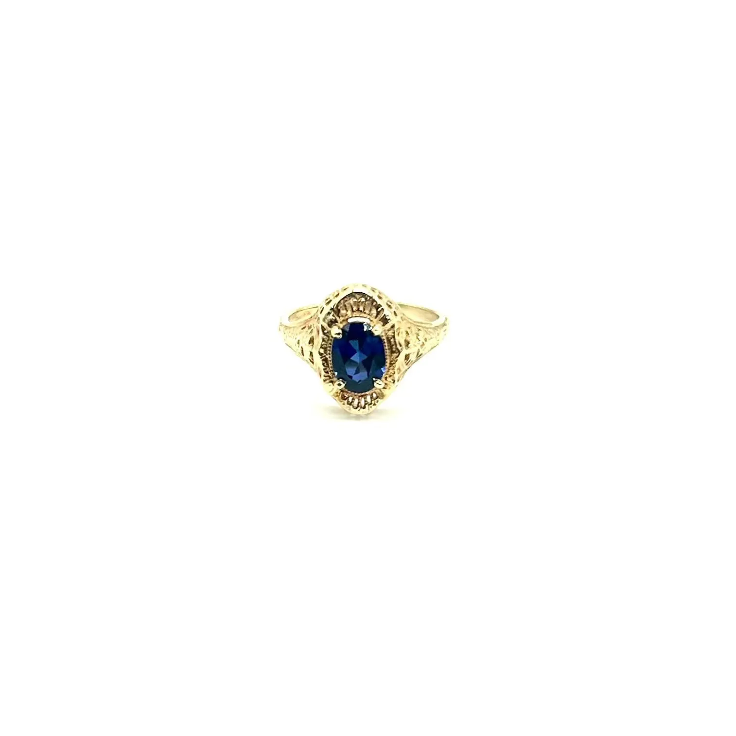 Ladies Art Filigree Deco Ring in 10K Gold and Blue Stone