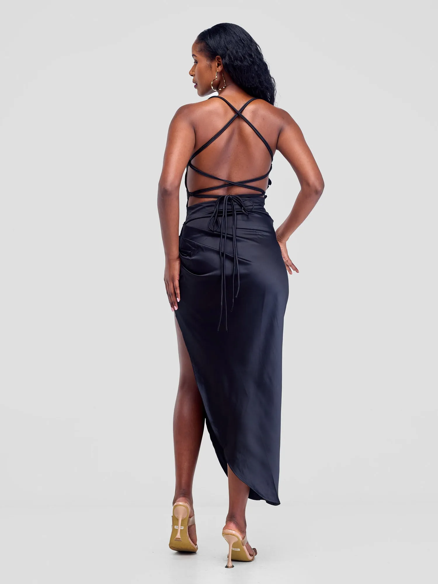 Lola Backless Strappy Satin Dress  With High Side Slit - Black