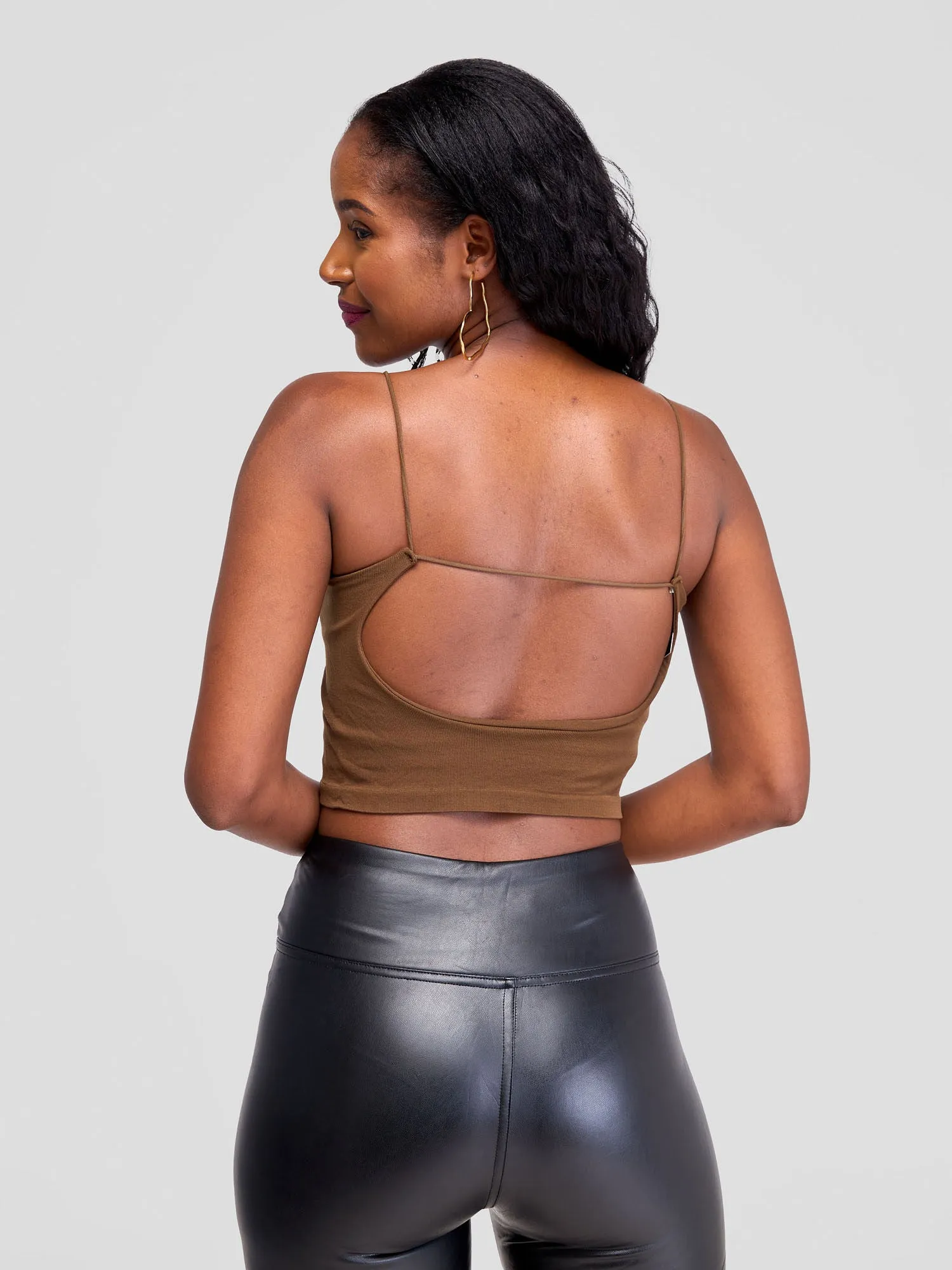 Lola Sleeveless Spaghetti Strap Crop Top With Open Back - Chocolate