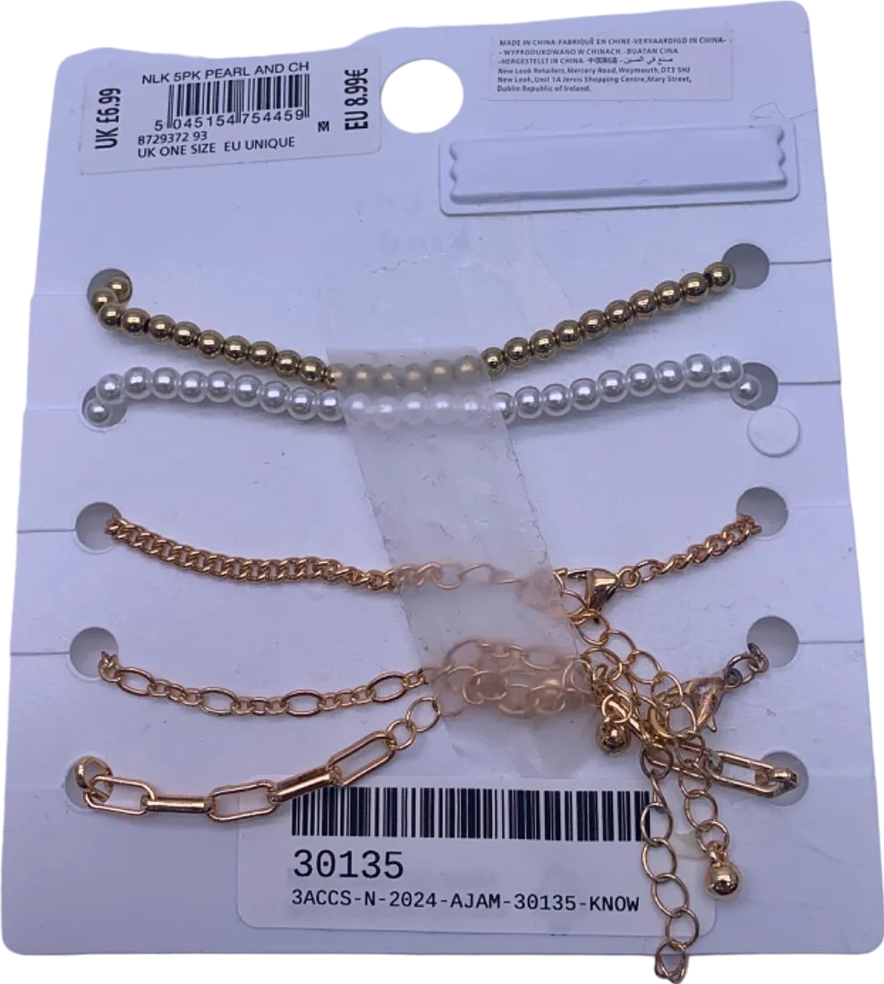 New Look Gold/White 5-Pack Pearl and Chain Bracelets UK One Size