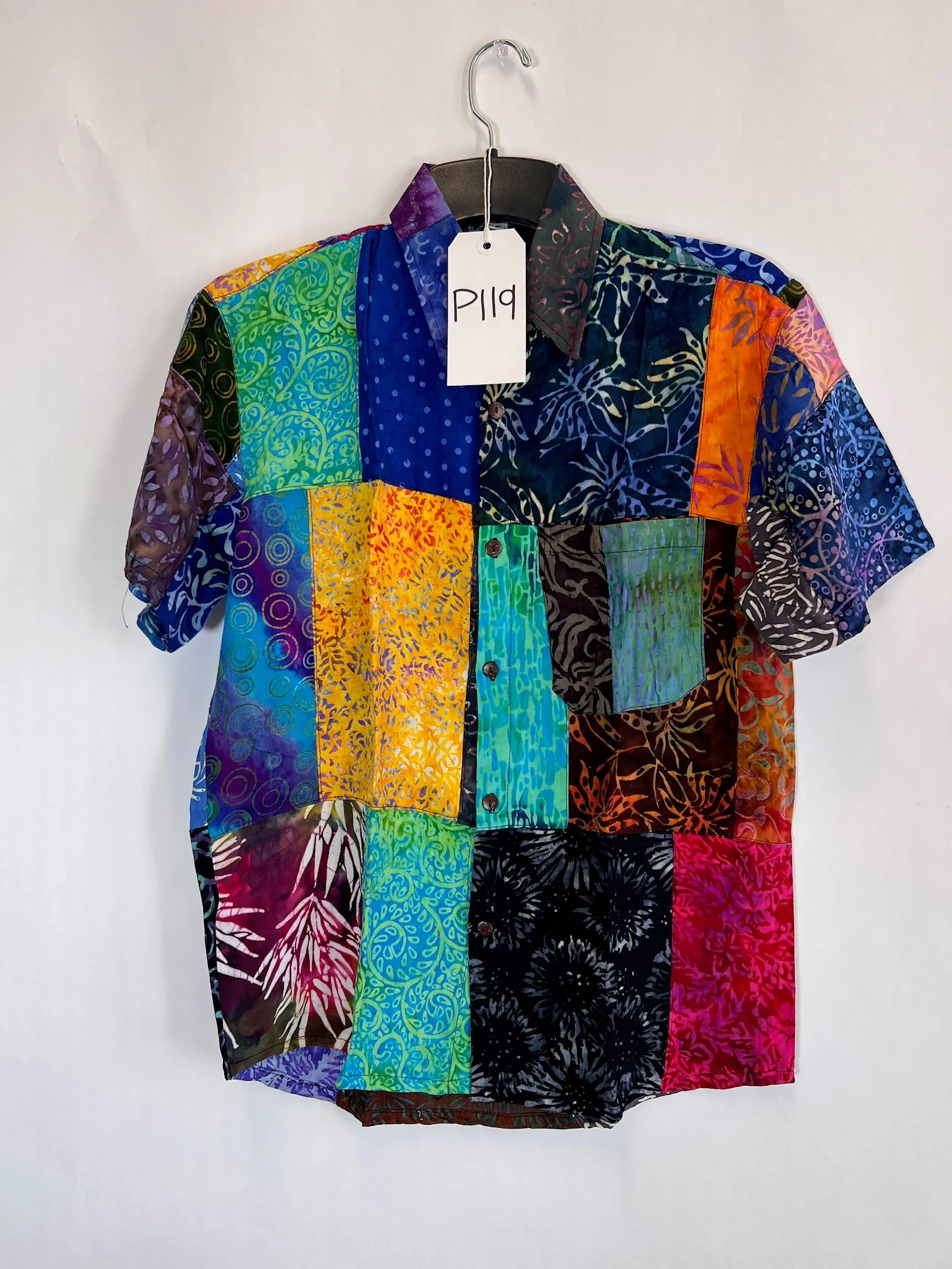 P119 One of a Kind Patchwork Party Batik Button Up Shirt S