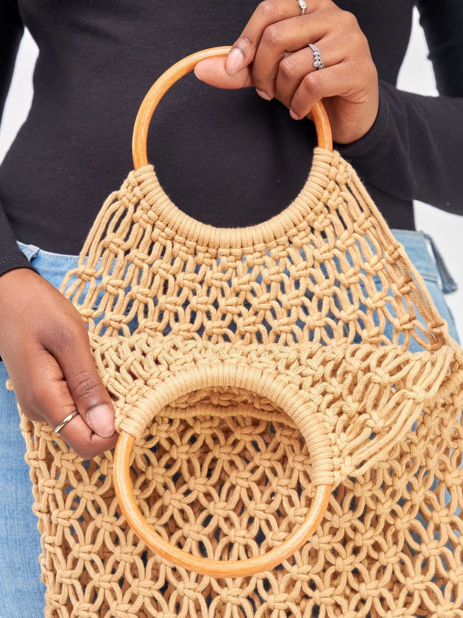 Sayuri Knitted Basket Boho Tote - Brown