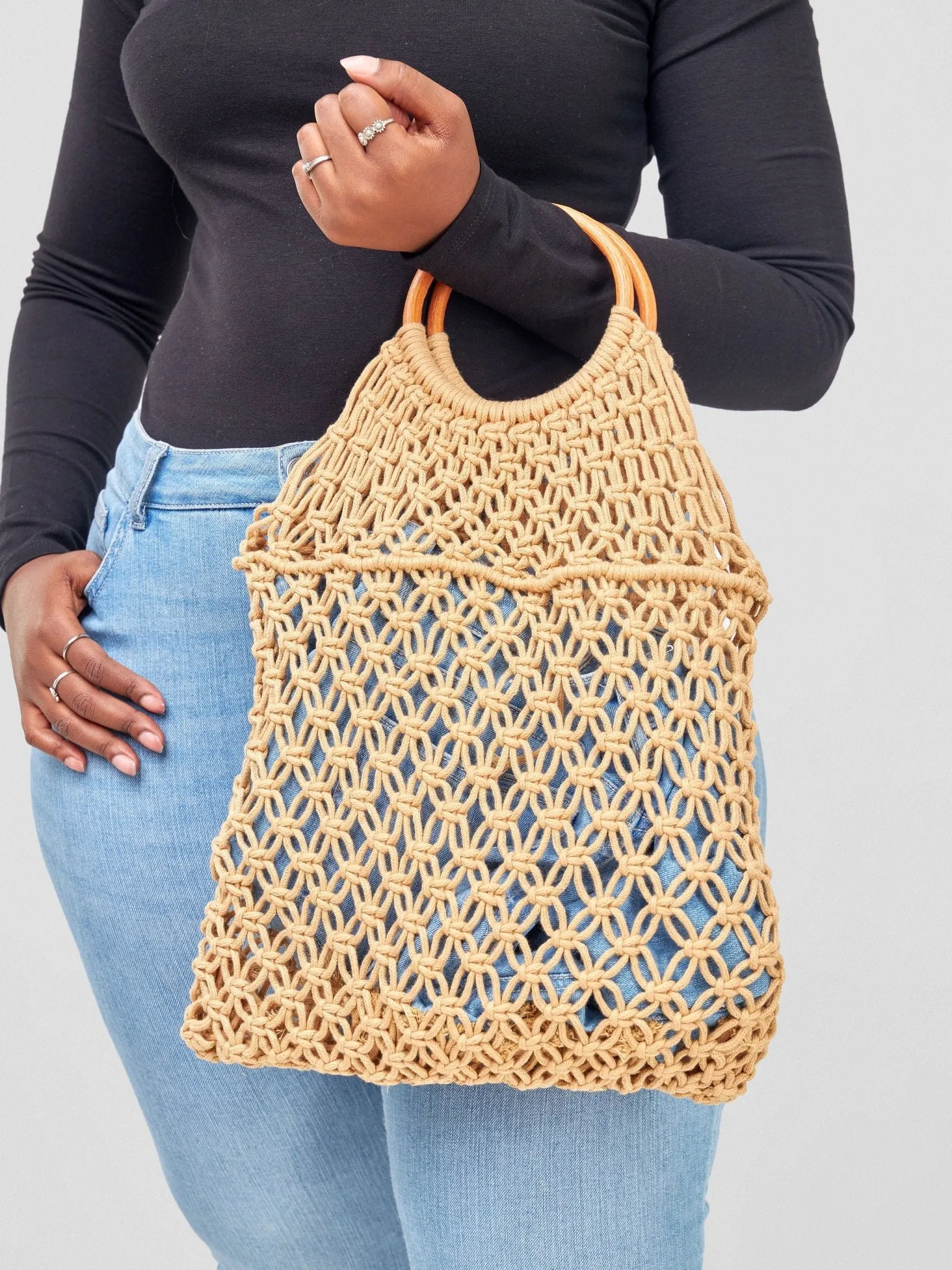 Sayuri Knitted Basket Boho Tote - Brown