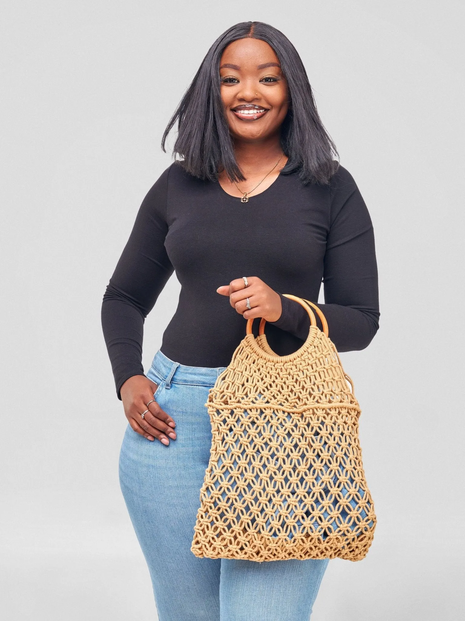 Sayuri Knitted Basket Boho Tote - Brown